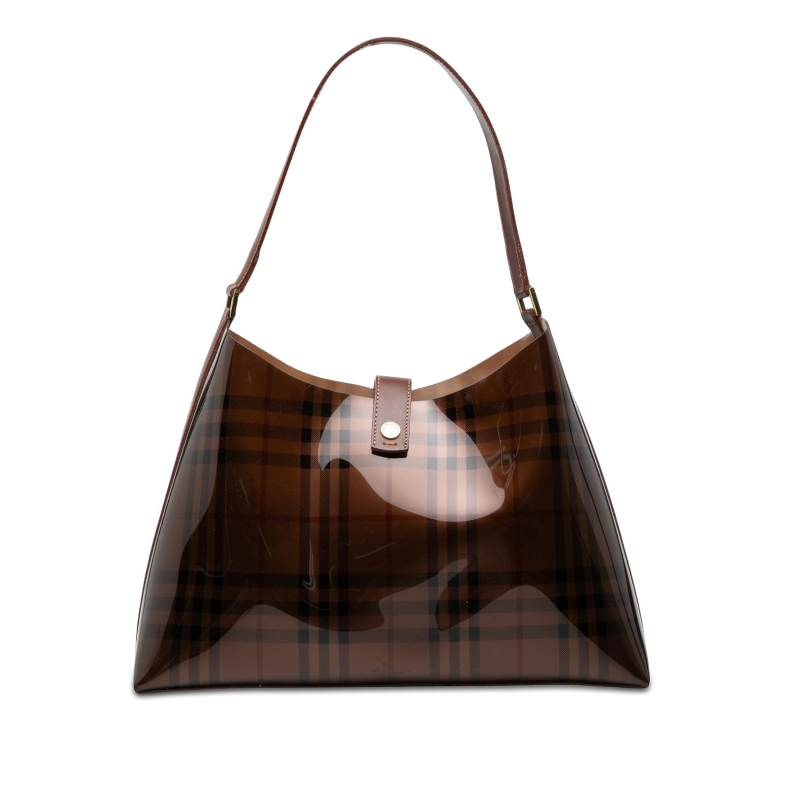Burberry Haymarket Check Shoulder Bag in PVC with Leather Trim: Burberry Haymarket Check Shoulder Bag in PVC with Leather Trim Burberry Haymarket Check shoulder bag with a PVC body, leather trim, and a flat leather shoulder strap. The bag features an open top with