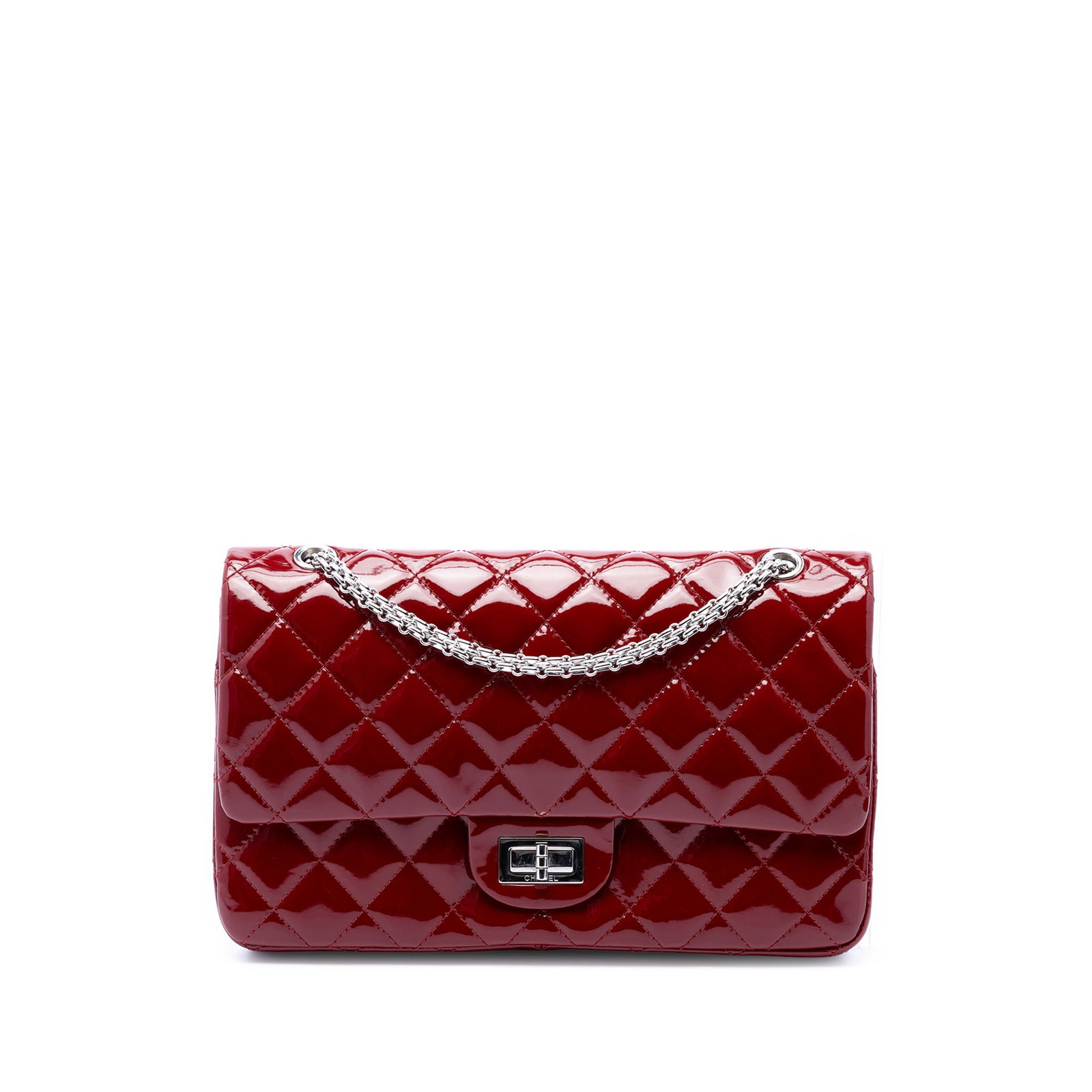 Chanel Reissue 2.55 227 Patent Leather Double Flap Bag Red: Chanel Reissue 2.55 227 Patent Leather Double Flap Bag Red Chanel Reissue 2.55 Double Flap 227 in red quilted patent leather with silver-tone chain straps and a front twist-lock closure. The bag also 