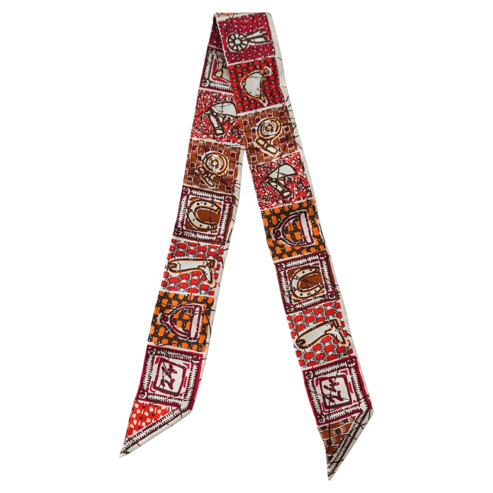 Hermes Le Boubou H Silk Twilly Scarf Rouge Blanc Orange: Hermes Le Boubou H Silk Twilly Scarf Rouge Blanc Orange Hermes silk Twilly scarf in the Le Boubou H equestrian design. This 21st century accessory is crafted from 100% silk and comes with its box. Con