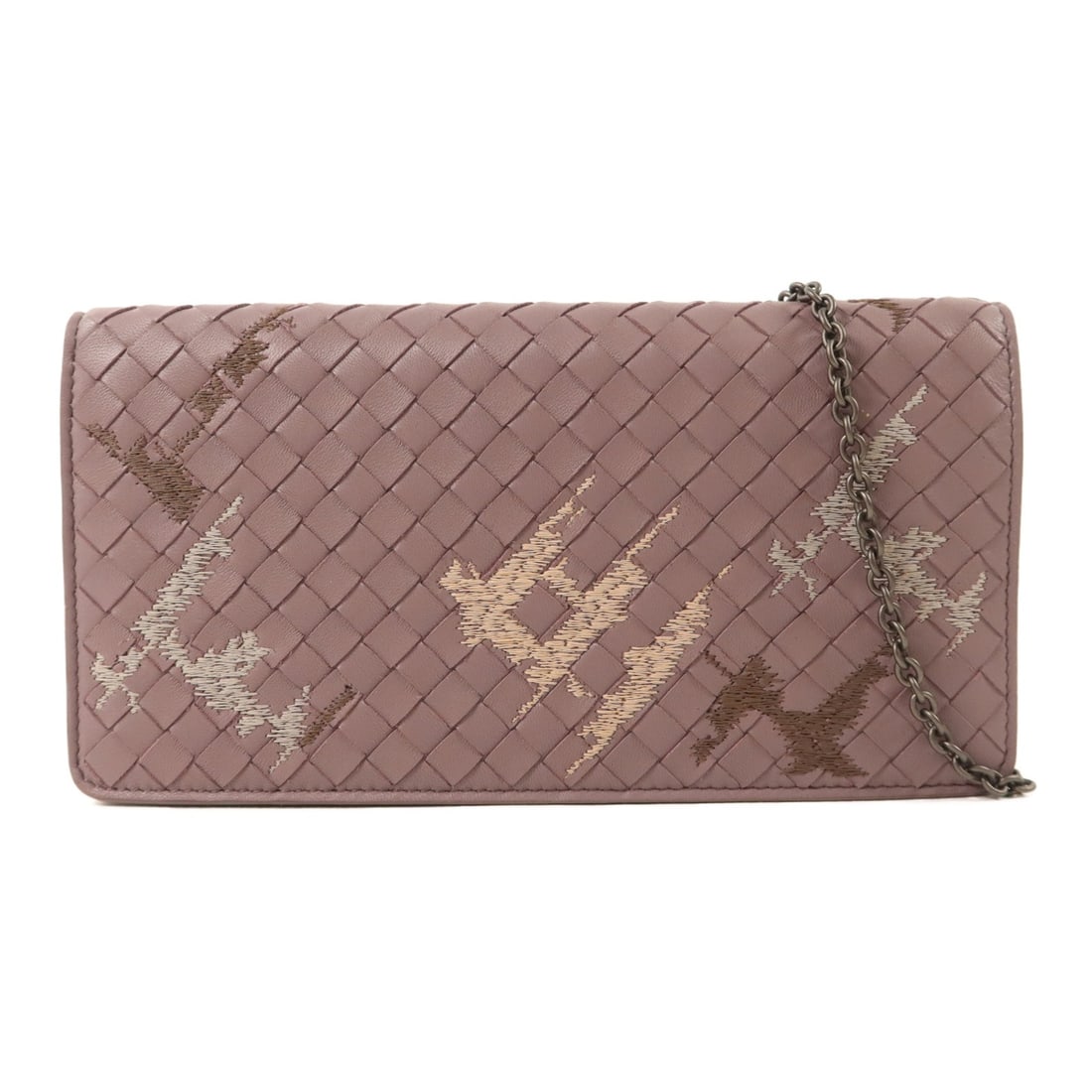 Bottega Veneta purple lambskin wallet on chain shoulder bag: Bottega Veneta purple lambskin wallet on chain shoulder bag A BOTTEGA VENETA Wallet On Chain shoulder bag crafted from lambskin (sheep leather) in purple. It features a hook button closure, an interio