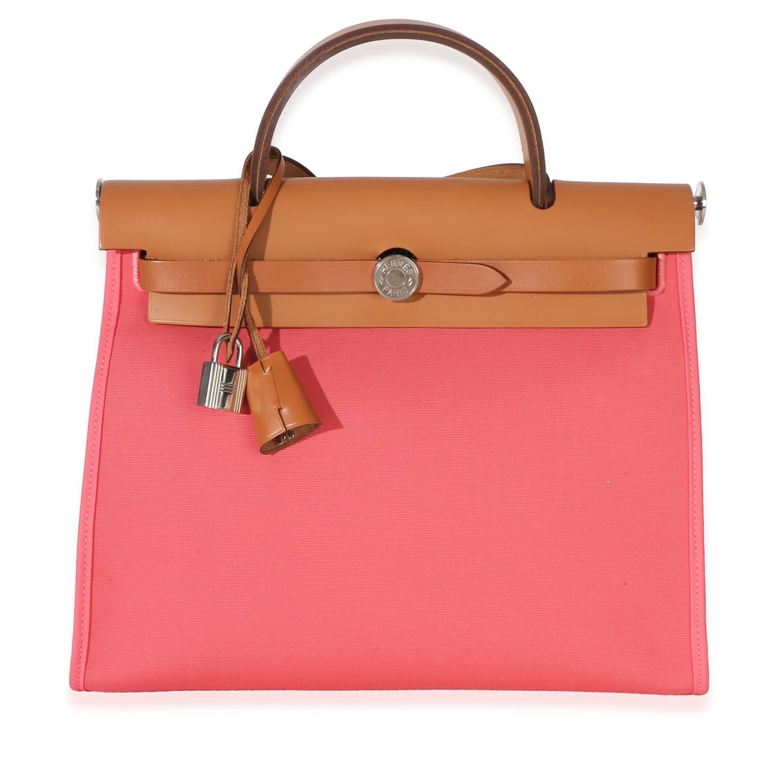 Hermes Herbag Zip 31 PM pink canvas shoulder bag silver tone hardware: Hermes Herbag Zip 31 PM pink canvas shoulder bag silver tone hardware Pre-owned Hermes Herbag Zip 31 PM shoulder bag with top handle styling in Rose Azalee natural Vache Hunter and toile. This unisex 