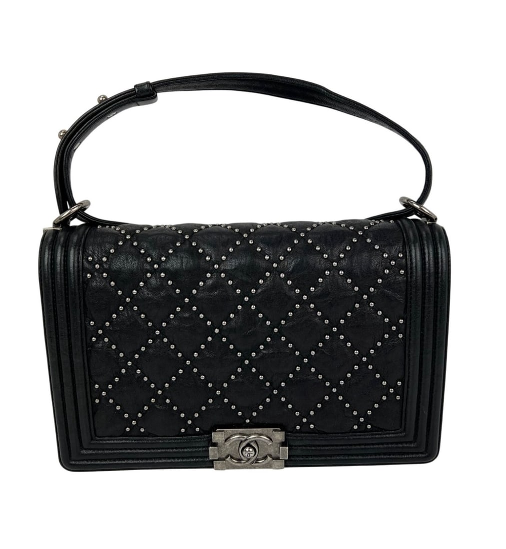 CHANEL Boy Medium Black Lambskin Studded Shoulder Bag: CHANEL Boy Medium Black Lambskin Studded Shoulder Bag Pre-owned Chanel Boy medium shoulder bag in black crumpled lambskin leather with a quilted argyle/diamond finish and studded accents. This rectang