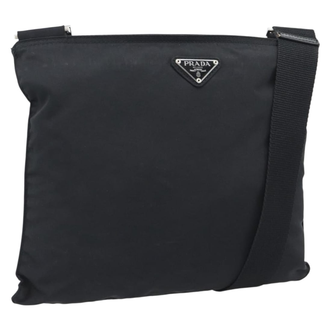 PRADA Black Nylon Shoulder Bag with Silver Tone Hardware: PRADA Black Nylon Shoulder Bag with Silver Tone Hardware Authentic Prada shoulder bag in black nylon with silver-tone accents. Made in Italy, this women's bag has a slim profile and a shoulder strap w