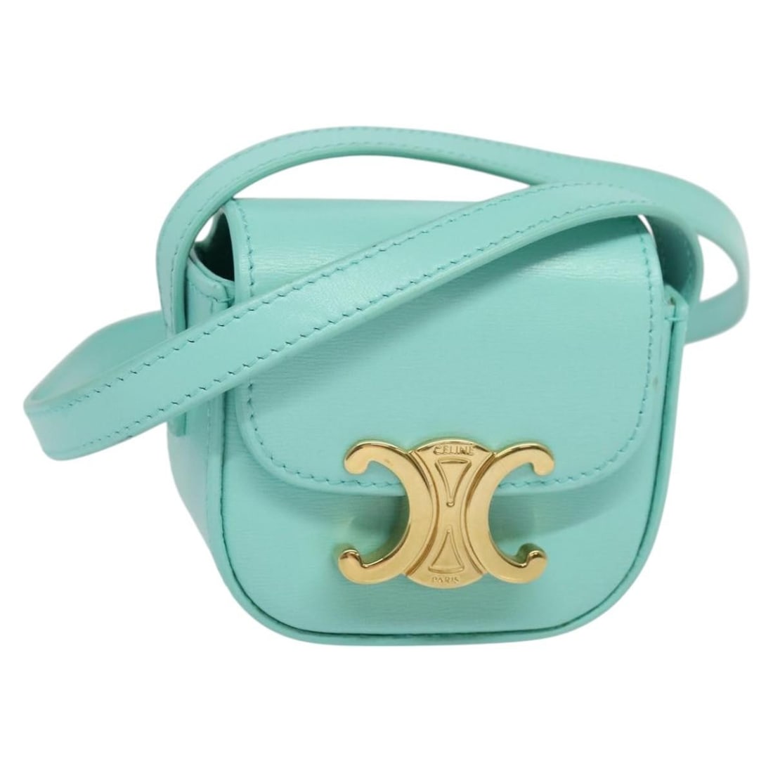 CELINE Triomphe Claude Mini Leather Shoulder Bag Light Blue: CELINE Triomphe Claude Mini Leather Shoulder Bag Light Blue This CELINE Triomphe Mini Claude shoulder bag is crafted from leather in a light blue color. It is made in Italy and sized at approximately 