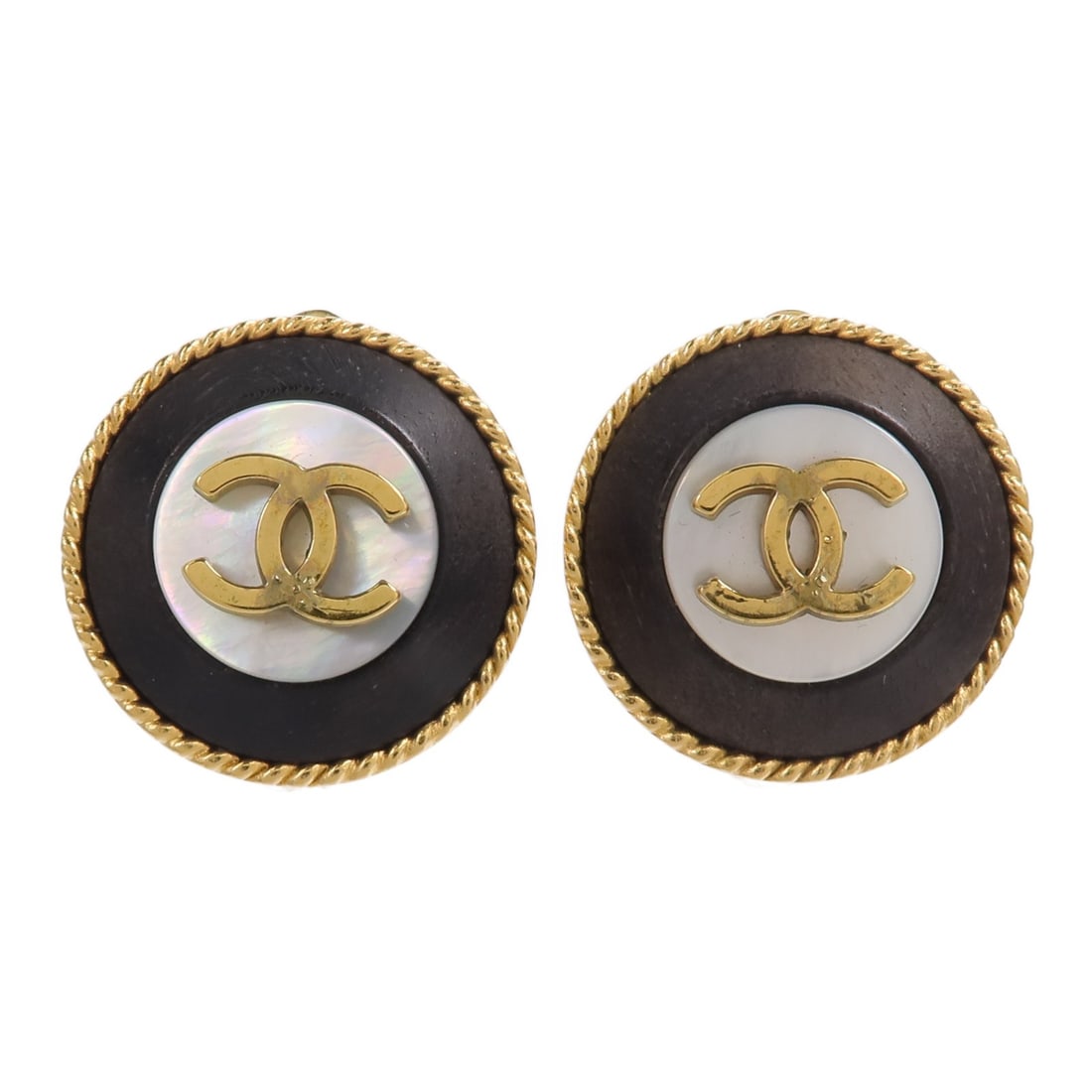 CHANEL CC Clip-On Earrings Gold Black Metal Wood Pair: CHANEL CC Clip-On Earrings Gold Black Metal Wood Pair Vintage Chanel CC clip-on earrings in metal and wood with a gold and black colorway. This women's pair includes a storage box and is marked with d