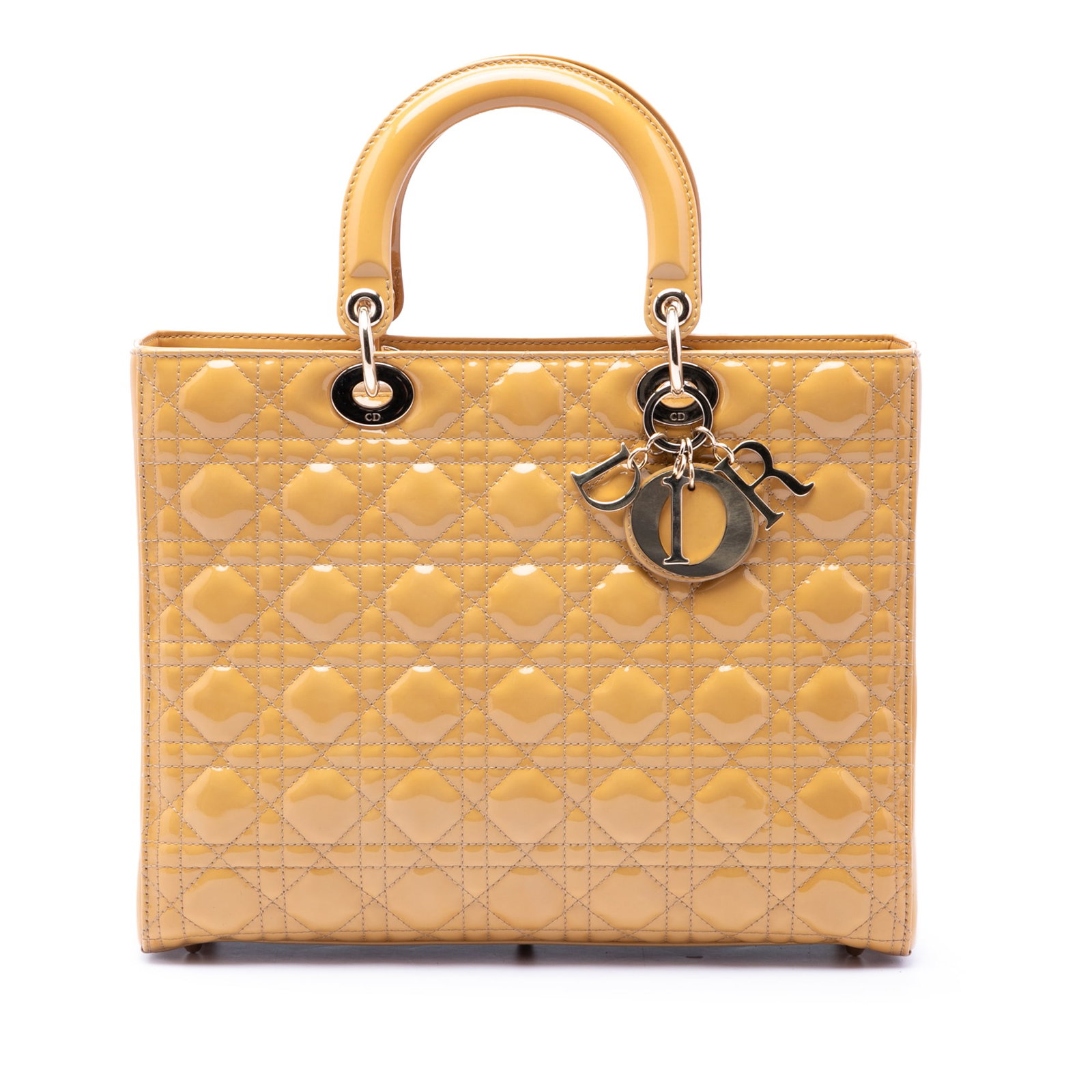 Dior Lady Dior Large Patent Leather Cannage Handbag Yellow: Dior Lady Dior Large Patent Leather Cannage Handbag Yellow This Lady Dior bag features a quilted patent leather body in yellow, flat leather top handles, a top zip closure, and an interior zip pocket.