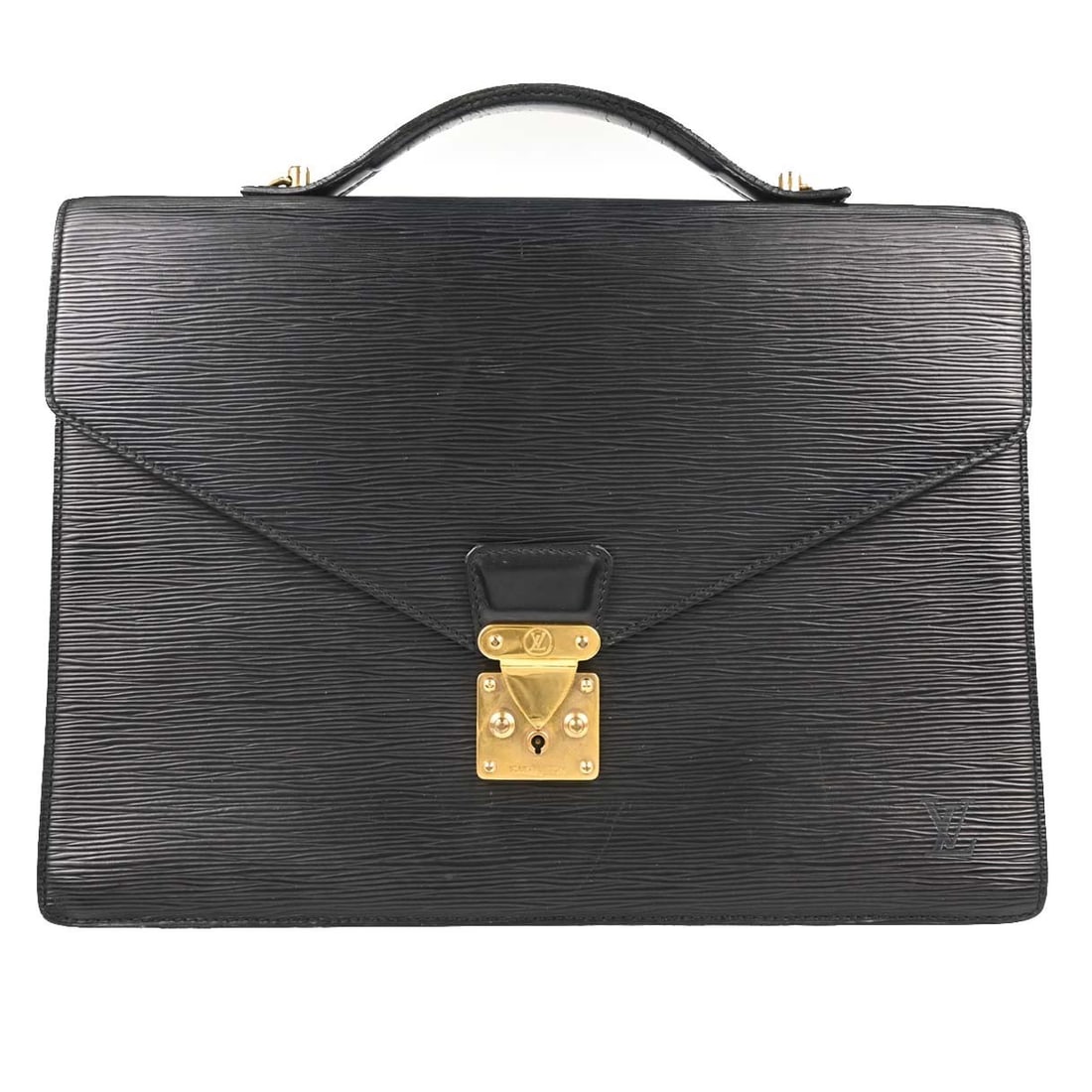 Louis Vuitton Porte Documents Bandouliere Epi Leather Briefcase M54462: Louis Vuitton Porte Documents Bandouliere Epi Leather Briefcase M54462 Vintage Louis Vuitton Porte-Documents Bandouliere handbag in Epi leather. This unisex top-handle bag features a structured black 
