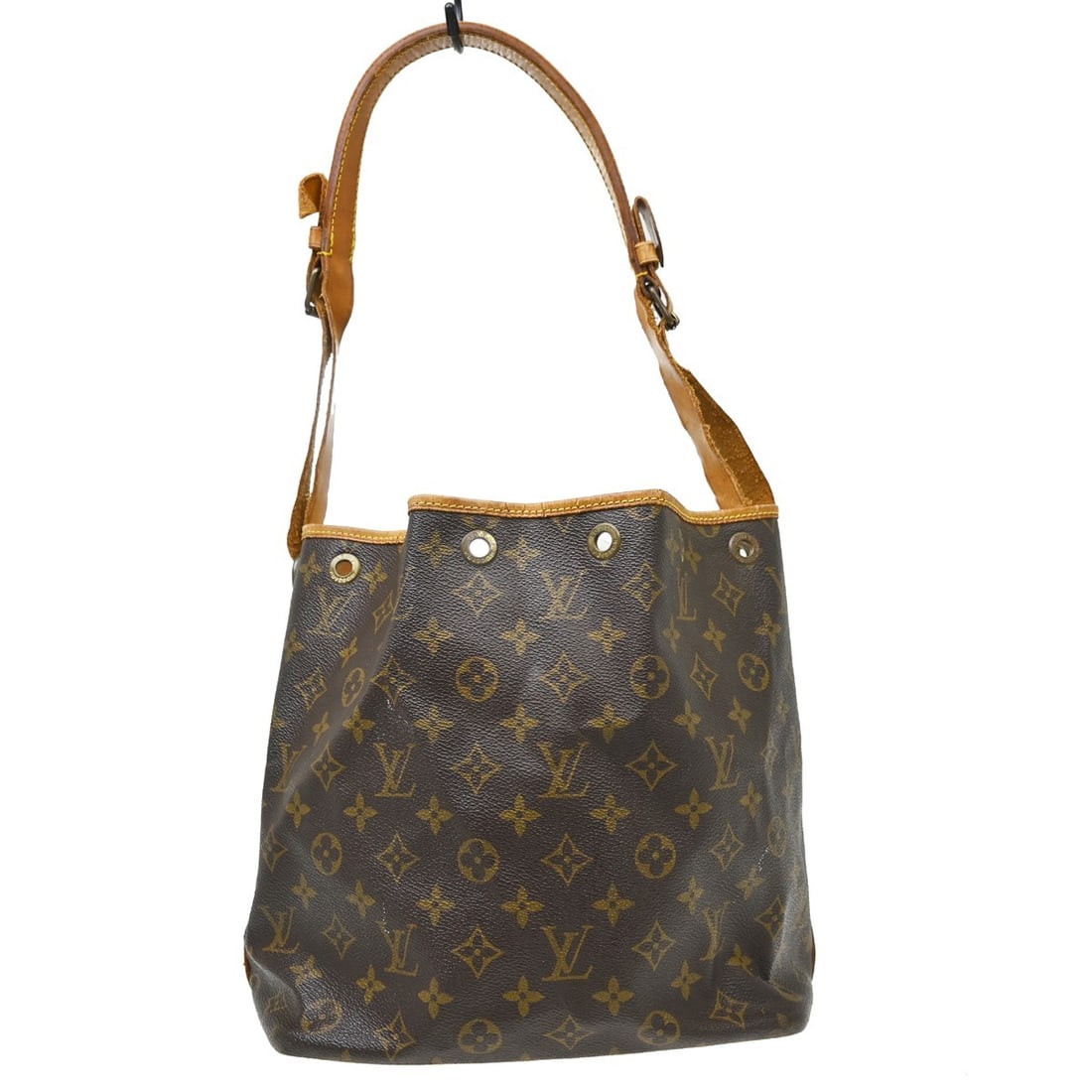 Louis Vuitton Petit Noe Monogram Shoulder Bag M42226 Vintage: Louis Vuitton Petit Noe Monogram Shoulder Bag M42226 Vintage Vintage Louis Vuitton Petit Noe shoulder bag in brown Monogram canvas with leather trim and a drawstring closure. This medium bag shows rea