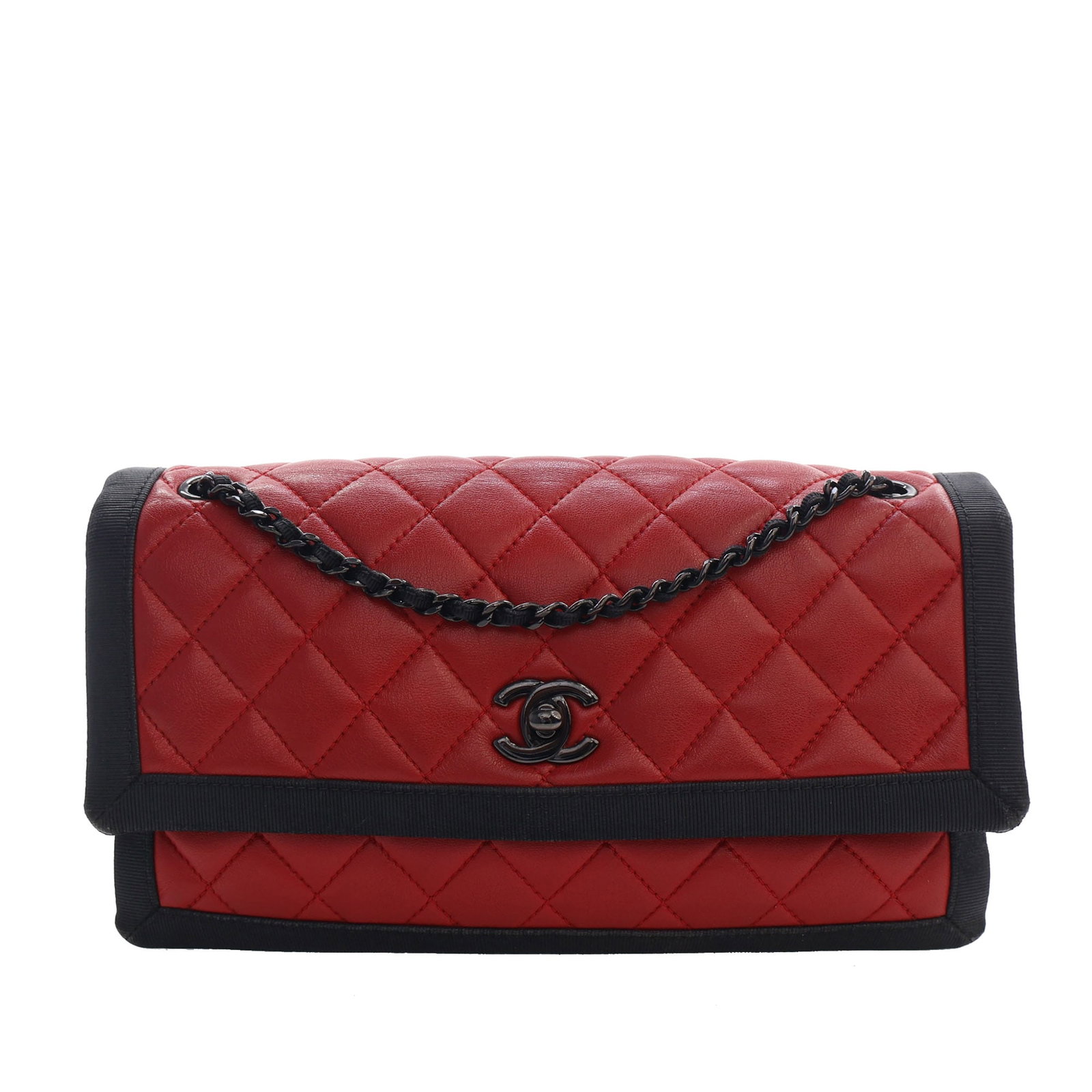 Chanel Medium CC Single Flap Shoulder Bag Red Quilted Lambskin: Chanel Medium CC Single Flap Shoulder Bag Red Quilted Lambskin Medium CC Bicolor Quilted Lambskin Grosgrain Single Flap shoulder bag with a quilted lambskin leather body, grosgrain trim, leather-woven