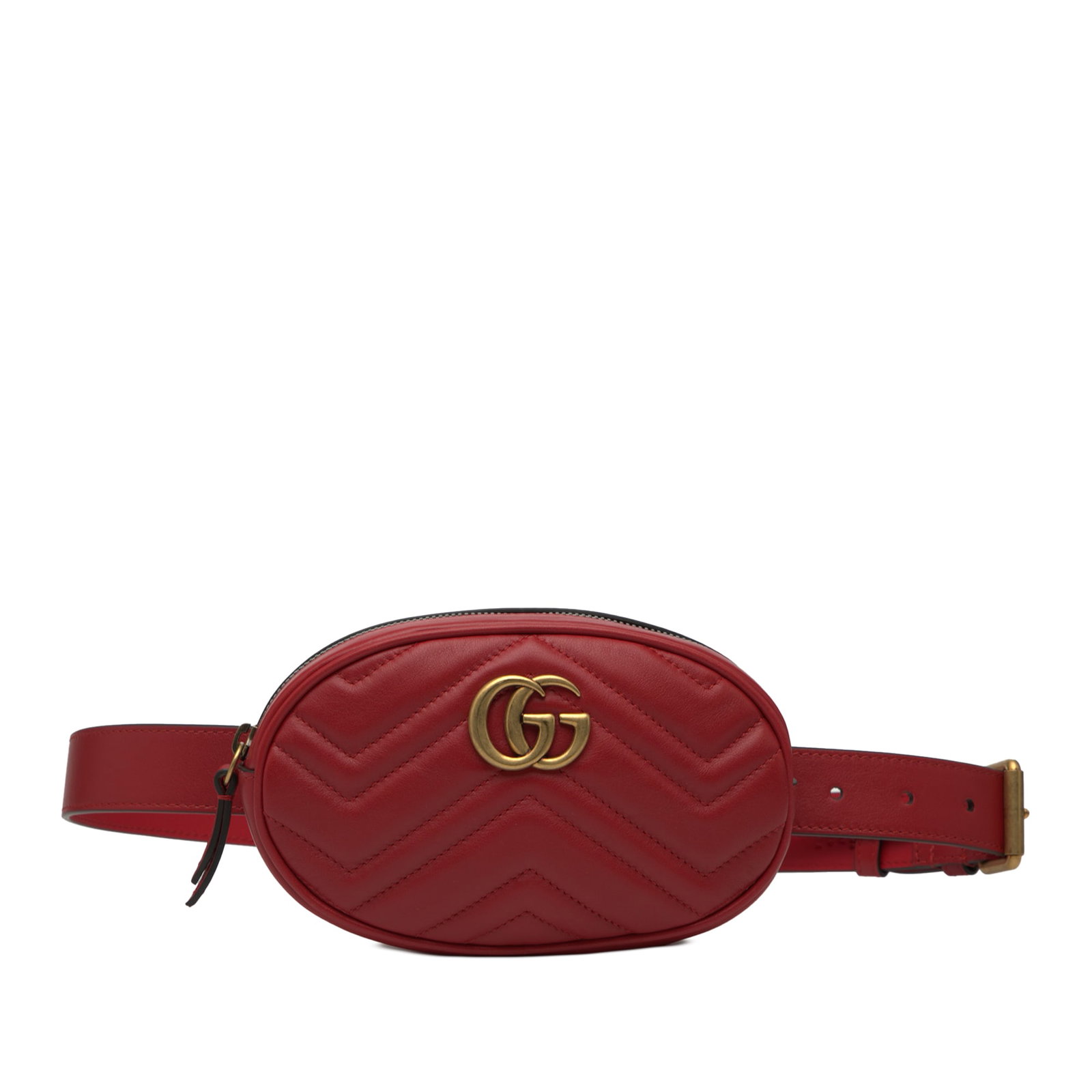 Gucci red GG Marmont matelasse leather belt bag: Gucci red GG Marmont matelasse leather belt bag This Gucci GG Marmont Matelasse leather belt bag features a quilted leather exterior in red, an adjustable flat leather waist strap, a top zip closure, 