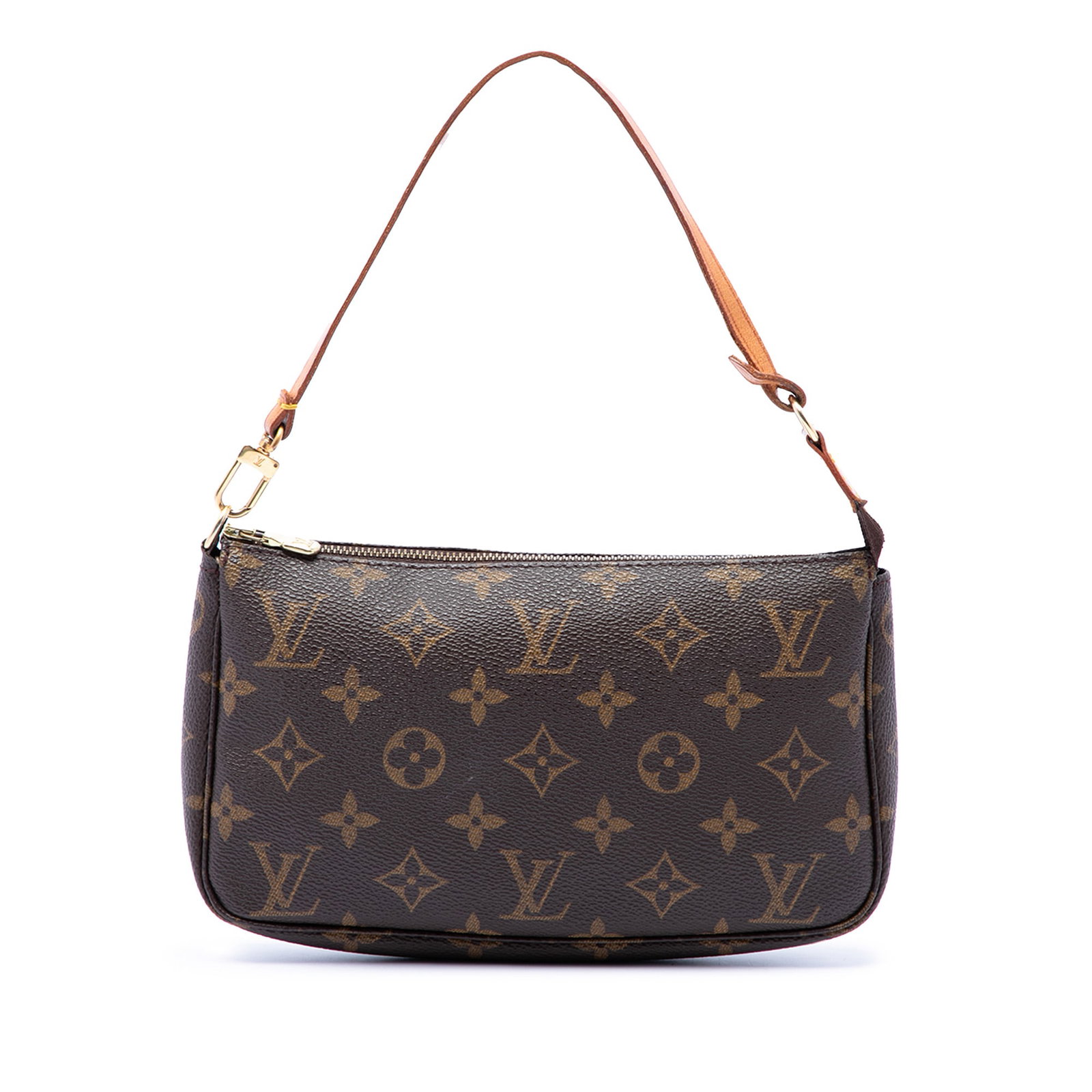 Louis Vuitton Monogram Pochette Accessoires Brown Canvas Handbag: Louis Vuitton Monogram Pochette Accessoires Brown Canvas Handbag Louis Vuitton Monogram Pochette Accessoires with a monogram canvas body, flat vachetta leather handle, and top zip closure. This bag is