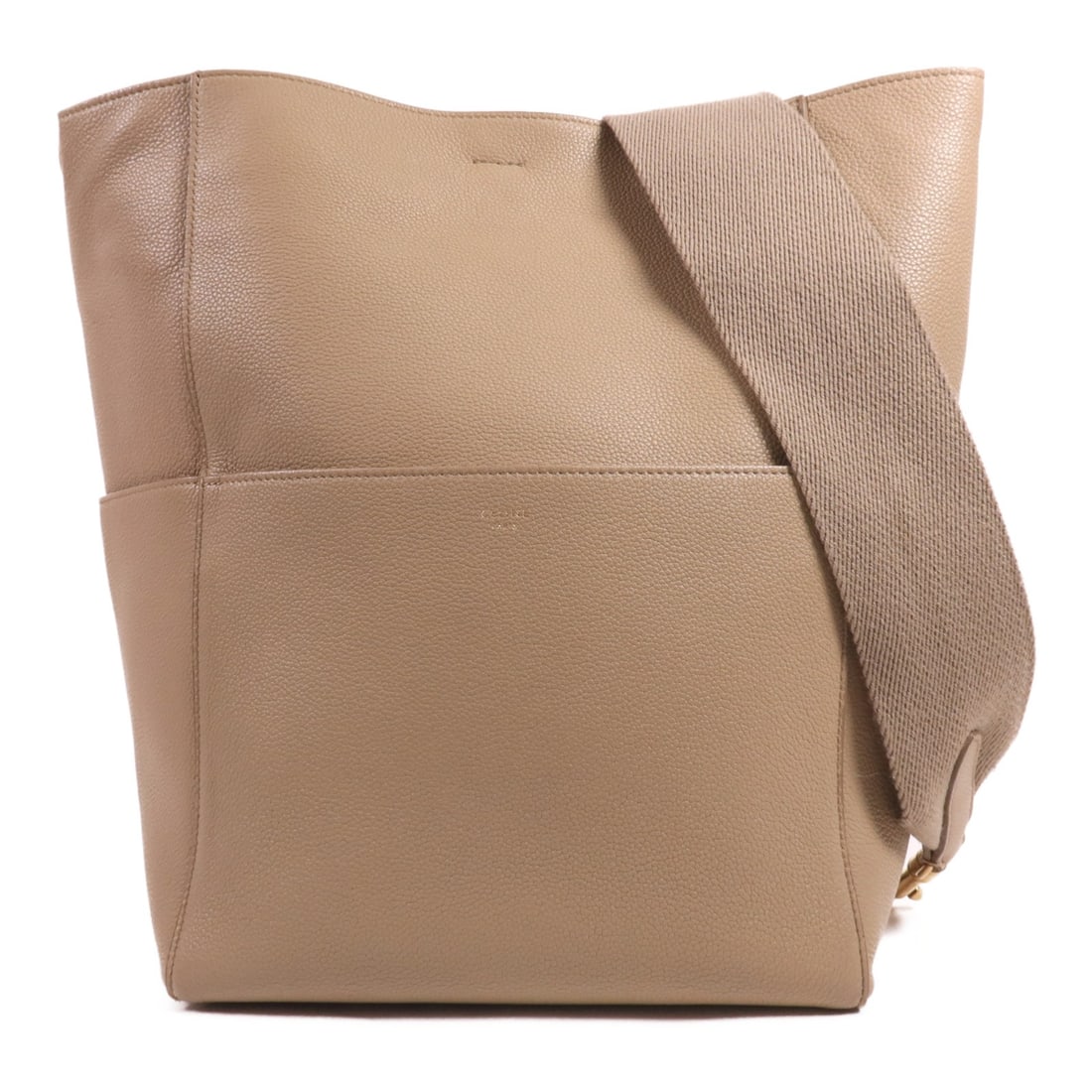 CELINE Sangle Large Beige Calfskin Shoulder Bucket Bag: CELINE Sangle Large Beige Calfskin Shoulder Bucket Bag Celine Sangle Bucket Large shoulder bag in calfskin leather with a beige and gray color combination. This women's shoulder bag features multiple 