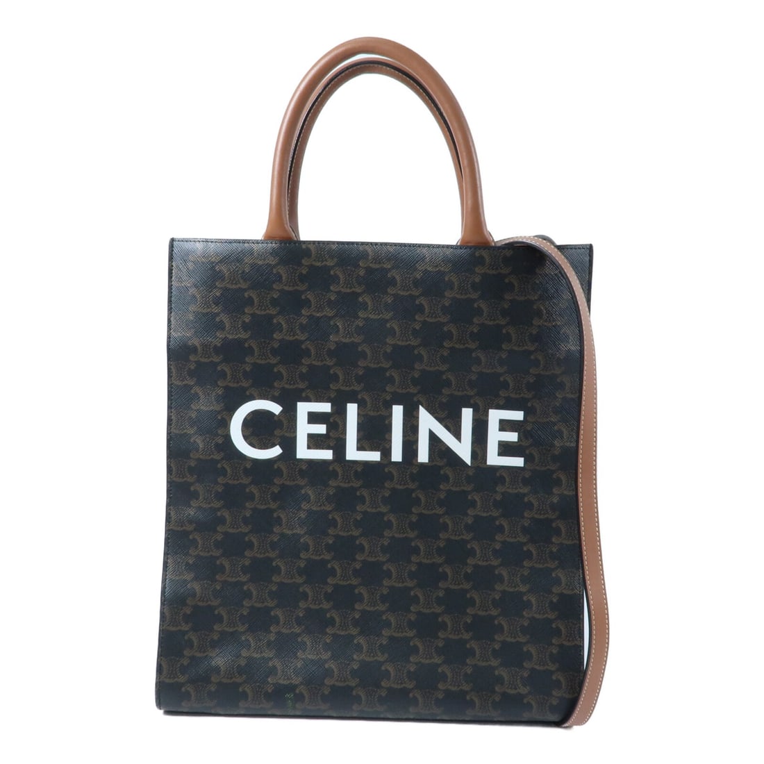 CELINE Triomphe Cabas Vertical 2 Way Bag Brown Coated Canvas GHW: CELINE Triomphe Cabas Vertical 2 Way Bag Brown Coated Canvas GHW CELINE Triomphe Cabas Vertical 2 Way Shoulder Bag in brown PVC coated canvas. This unisex bag is made in France and features a 2-way sh
