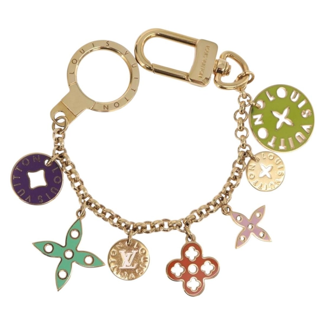 Louis Vuitton M66005 gold metal key holder with dust bag box: Louis Vuitton M66005 gold metal key holder with dust bag box Louis Vuitton Porte Cles Chainne Pastille key holder in gold-tone metal. Made in Italy, this women's accessory features a chain-style desig