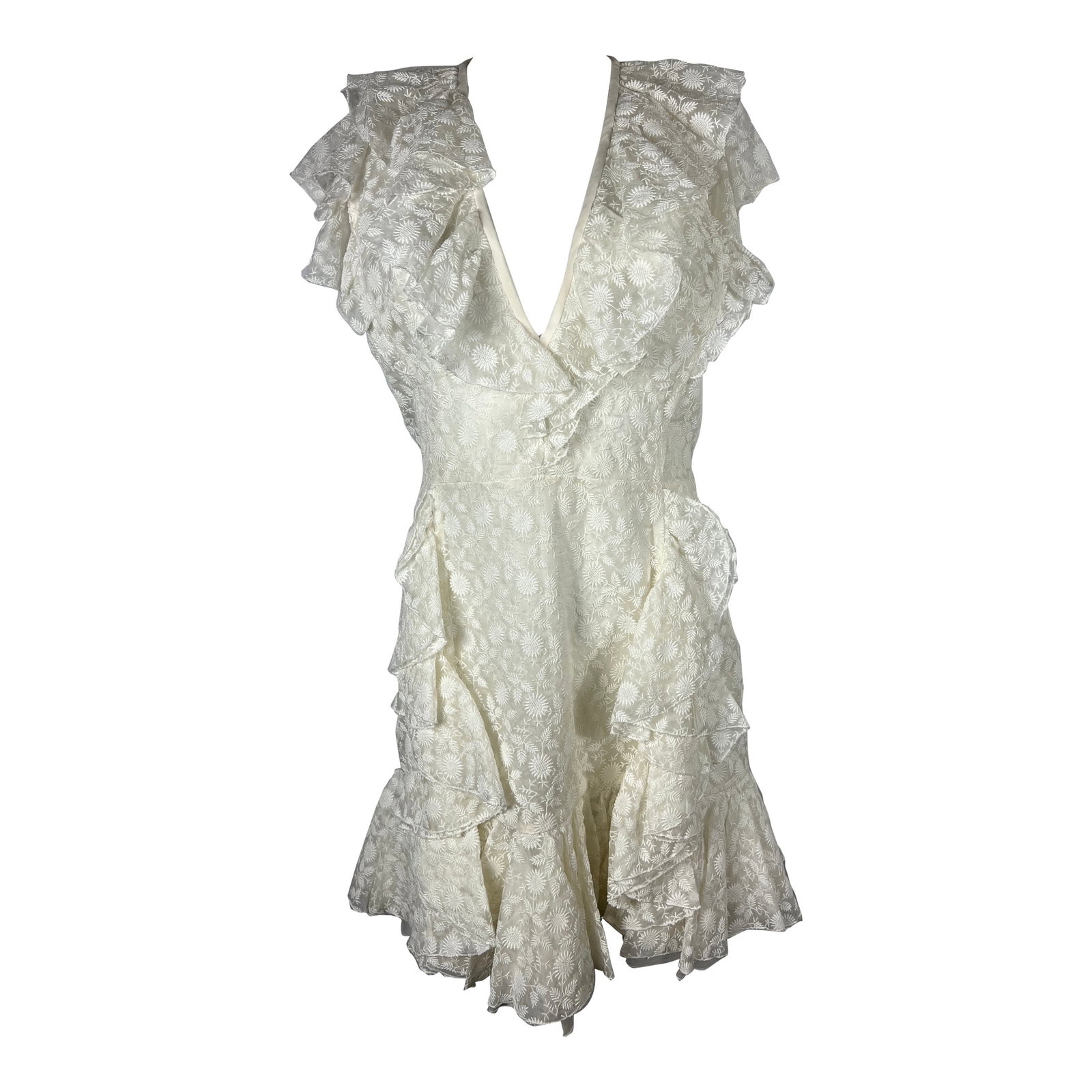Giambattista Valli Size 44 Silk Mini Dress with Floral Embroidery: Giambattista Valli Size 44 Silk Mini Dress with Floral Embroidery A Giambattista Valli floral embroidered mini dress in size 44, featuring an embroidered floral pattern, ruffled detailing, a deep V-ne