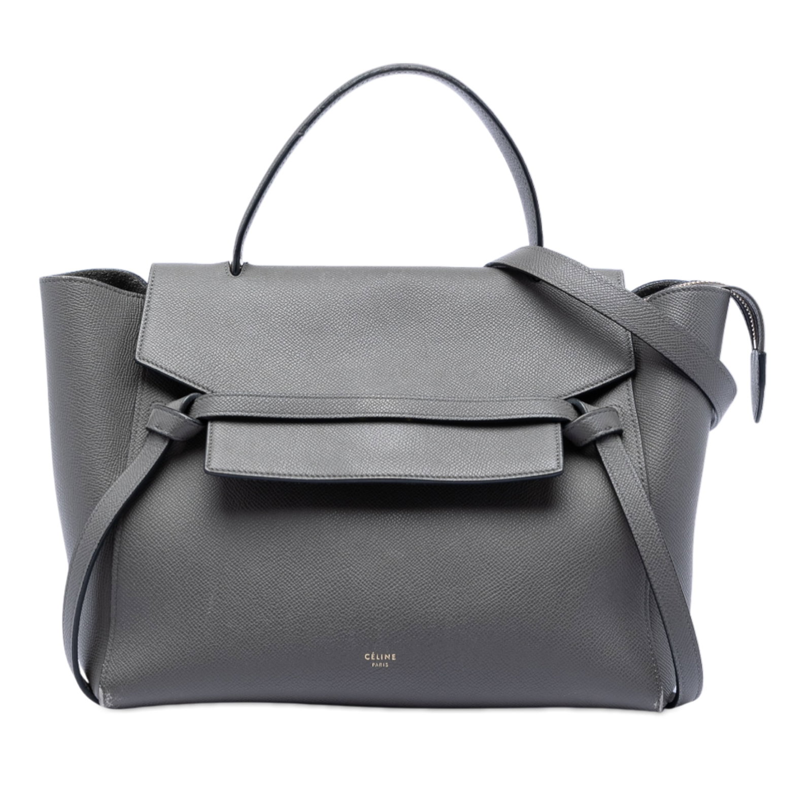 Celine Mini Belt Bag in Grained Calfskin Leather Gray: Celine Mini Belt Bag in Grained Calfskin Leather Gray This Celine Mini Grained Calfskin Belt Bag features a gray leather body with a flat leather top handle, a detachable flat leather strap, a front f