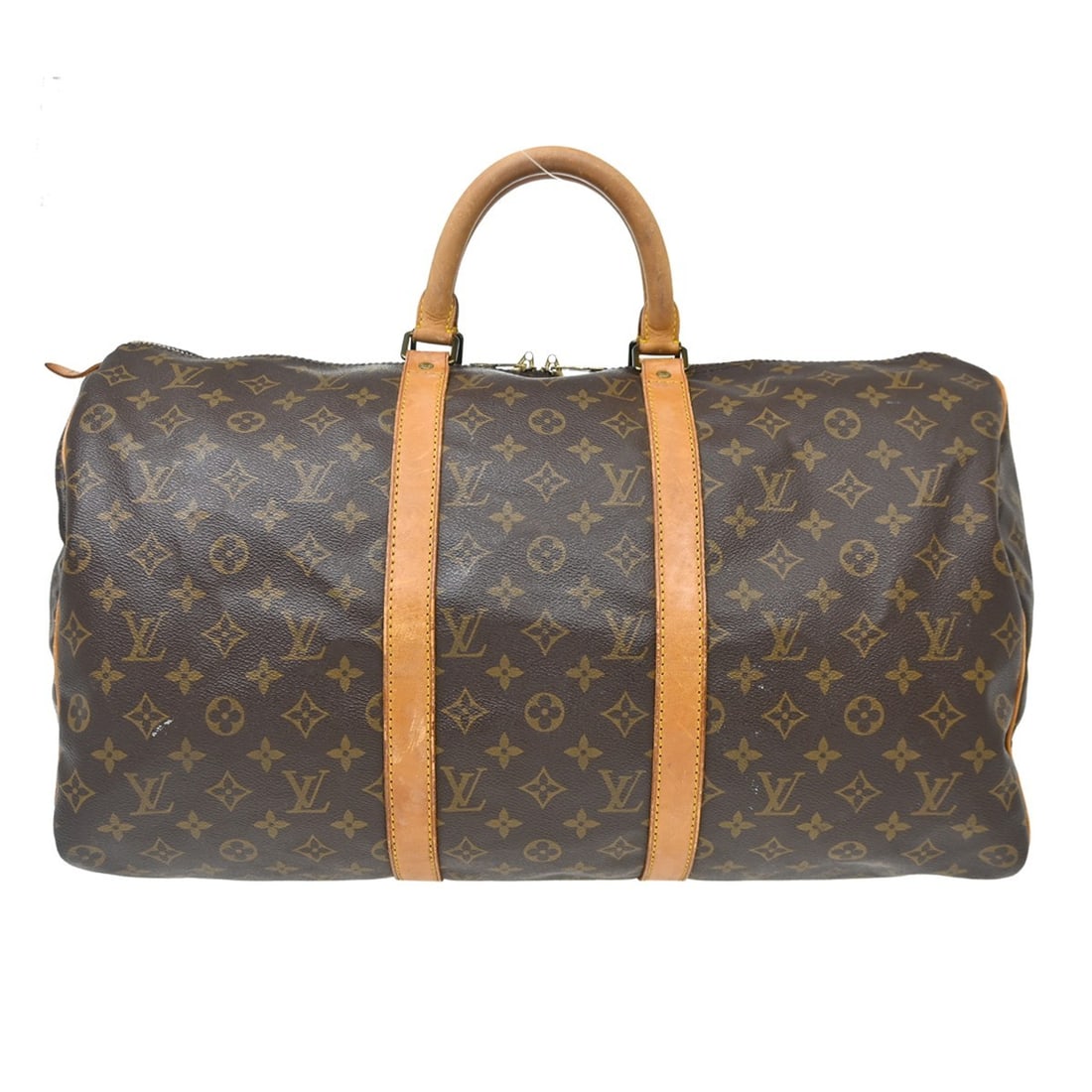 Louis Vuitton Keepall Brown Monogram Canvas Travel Bag: Louis Vuitton Keepall Brown Monogram Canvas Travel Bag Louis Vuitton Keepall in brown monogram canvas. This unisex travel bag is in good condition with visible wear throughout, including scuffs, crack