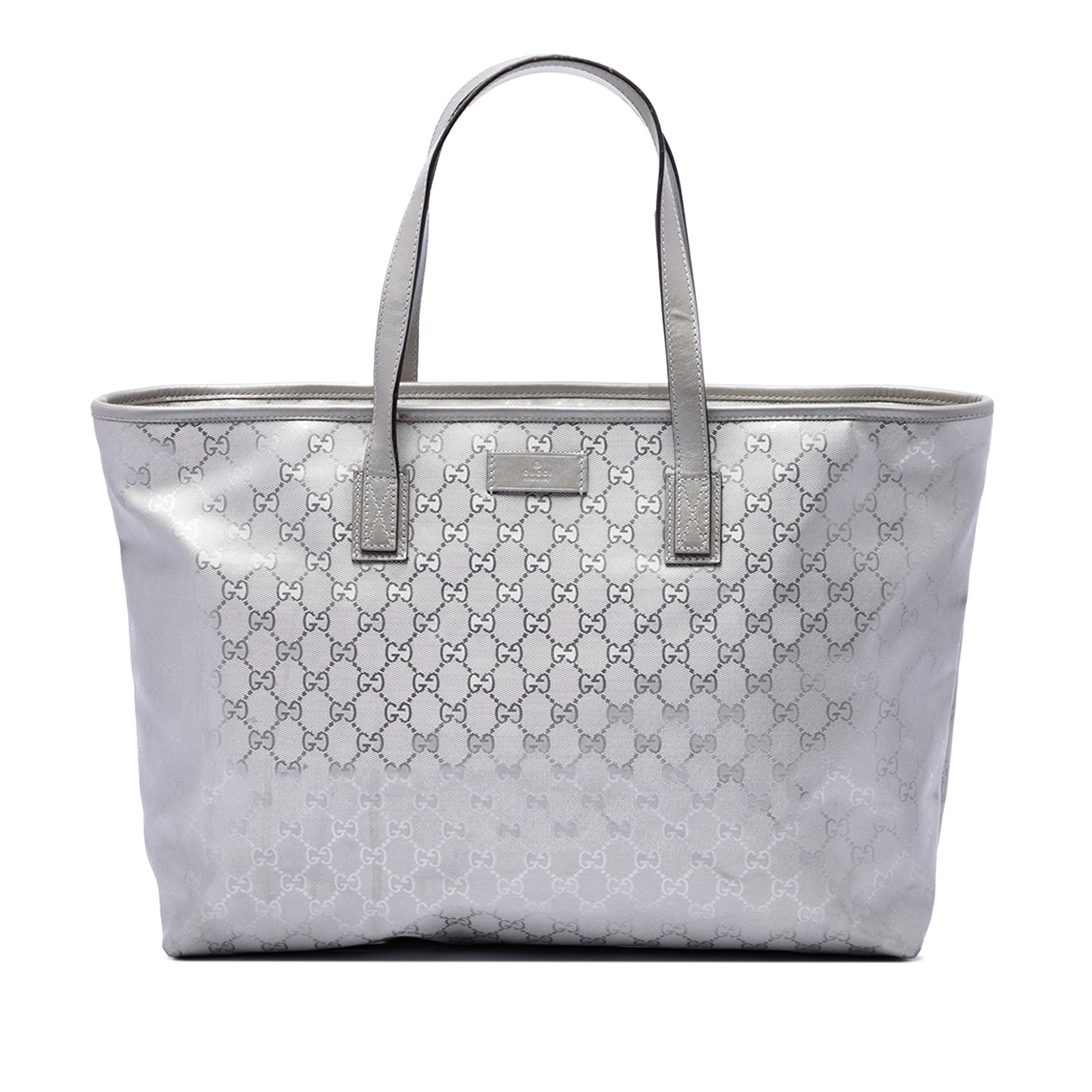 Gucci GG Imprime Large Tote Bag Silver Coated Canvas: Gucci GG Imprime Large Tote Bag Silver Coated Canvas Gucci Large GG Imprime Tote in silver with a coated canvas body and leather trim. This tote features flat leather handles, a top zip closure, and a