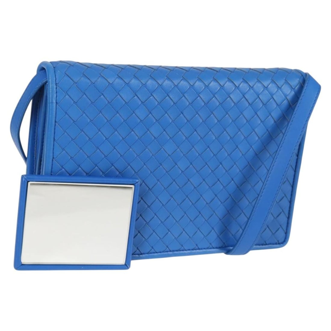 Blue Leather Shoulder Bag Bottega Veneta Intrecciato Italy: Blue Leather Shoulder Bag Bottega Veneta Intrecciato Italy Blue leather shoulder bag with Bottega Veneta's Intrecciato design. Made in Italy, this women's bag includes a dust bag and mirror. Condition