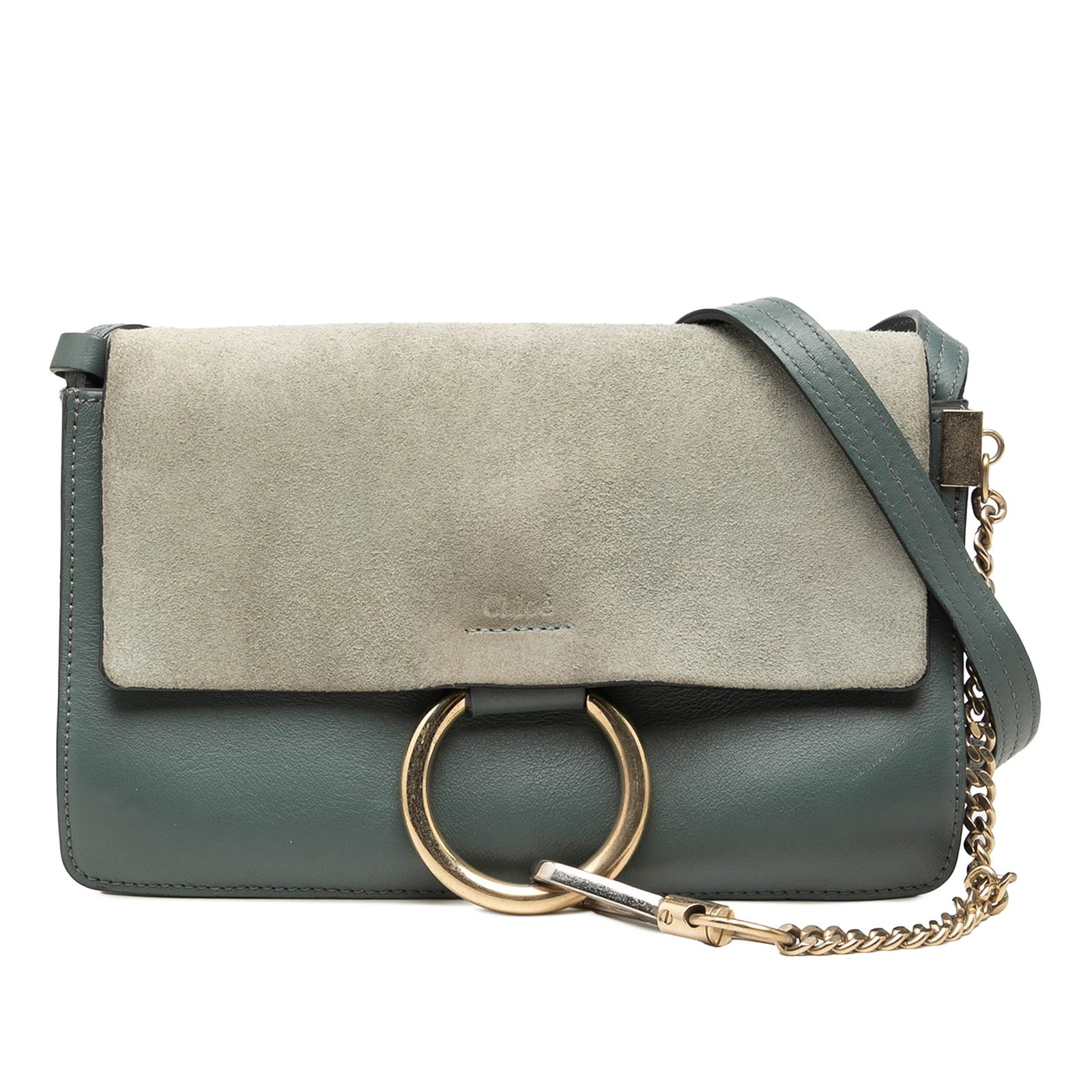 Chloe Faye Small Crossbody Bag in Gray Suede and Calfskin: Chloe Faye Small Crossbody Bag in Gray Suede and Calfskin Small Faye crossbody bag crafted in suede and calfskin leather with an adjustable flat leather strap, a suede top flap, hook detail, magnetic 