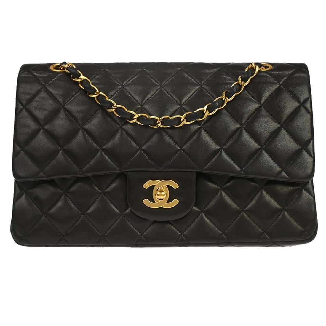 CHANEL Classic Double Flap Medium Shoulder Bag Black Lambskin: CHANEL Classic Double Flap Medium Shoulder Bag Black Lambskin Chanel Medium Classic Double Flap Shoulder Bag in black lambskin leather, made in France. It features a turn lock closure, shoulder strap,