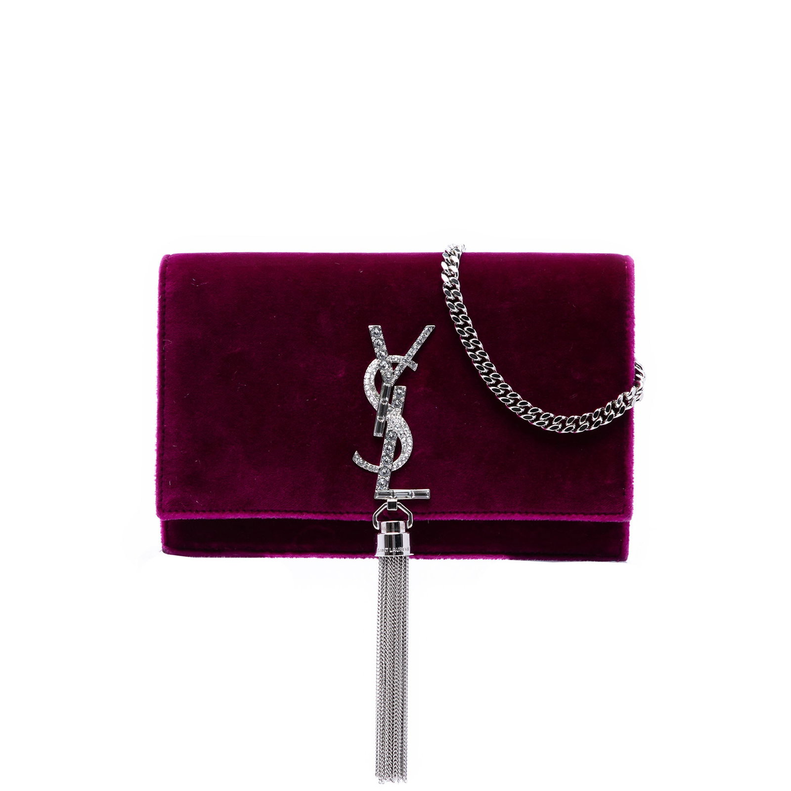 Saint Laurent Kate Tassel Small Purple Velvet Crossbody Bag: Saint Laurent Kate Tassel Small Purple Velvet Crossbody Bag Saint Laurent Small Velvet Monogram Kate Tassel Crossbody bag crafted with a velvet body and chain shoulder strap. The design features a fro