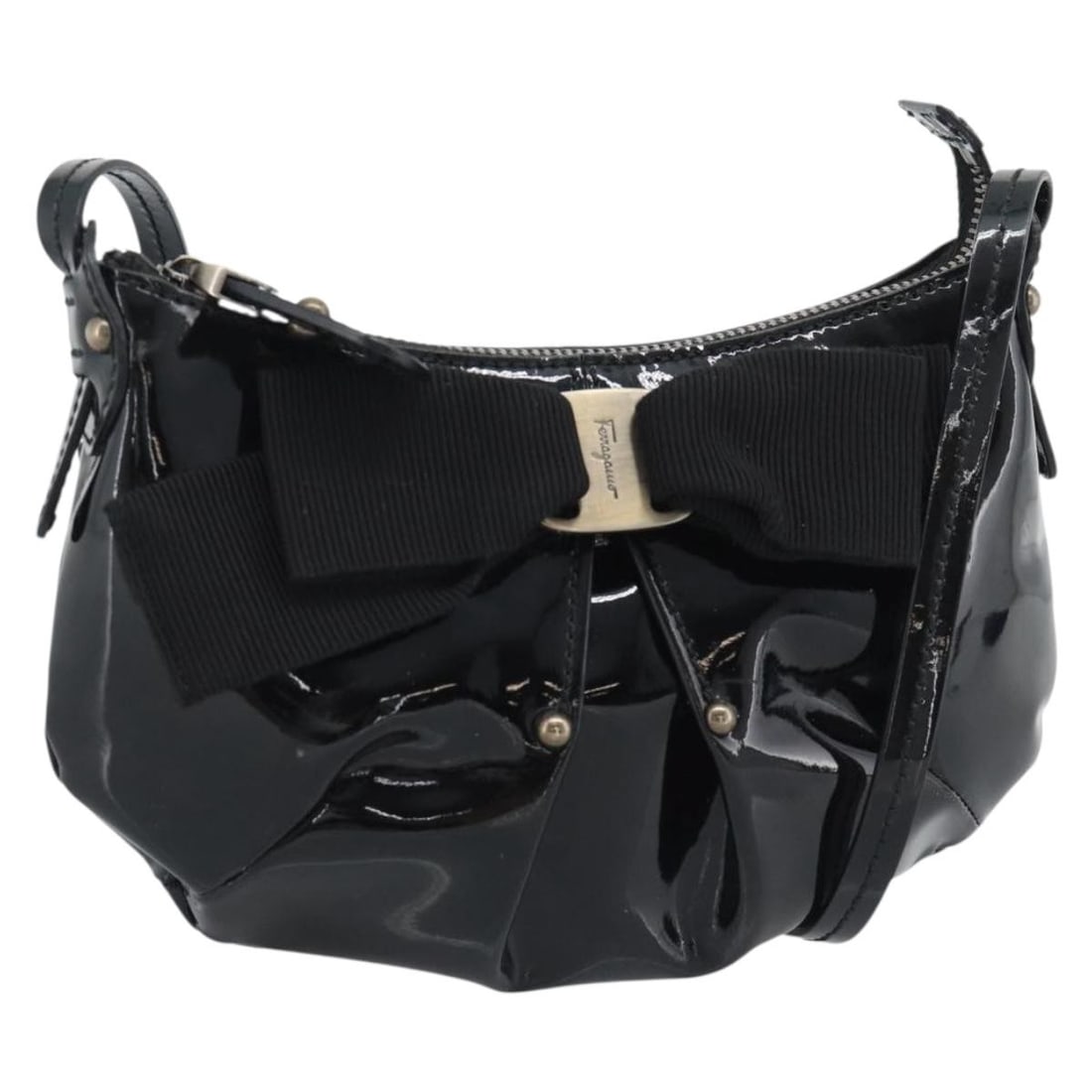 Salvatore Ferragamo Vala black enamel shoulder bag silver tone: Salvatore Ferragamo Vala black enamel shoulder bag silver tone Salvatore Ferragamo Vala shoulder bag in black and silver enamel, made in Italy. This women's bag includes only the item shown in the pho