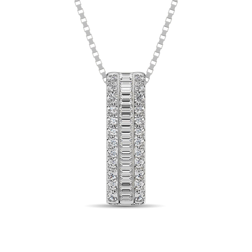 14K White Gold Round and Baguette Diamond 1/3 Ct.Tw. Drop Bar Pendant: 14K White Gold Round and Baguette Diamond 1/3 Ct.Tw. Drop Bar Pendant You'll fall in love with these exquisite diamond pendant ! These hoops are crafted of 14K white gold and showcase a center row of 