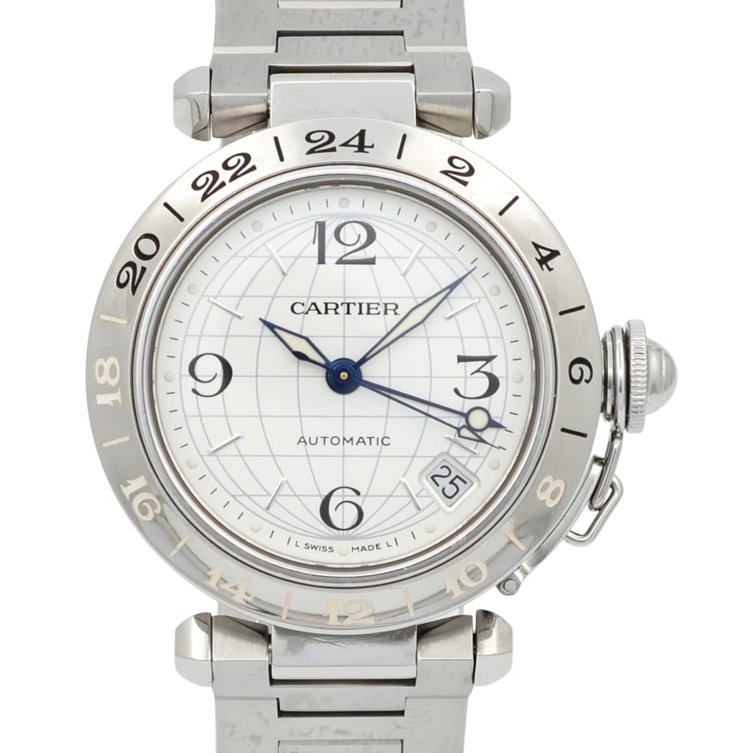 Cartier Pasha C GMT W31078M7 stainless steel automatic wristwatch: Cartier Pasha C GMT W31078M7 stainless steel automatic wristwatch Cartier Pasha C GMT W31078M7 automatic wristwatch with a white dial and stainless steel case and bracelet. This watch is described as 