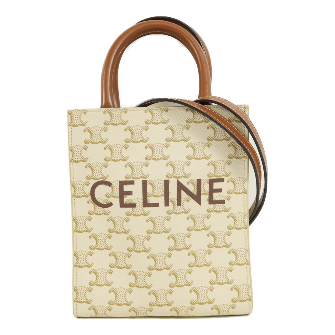 CELINE Mini Vertical Cabas White Coated Canvas 2way Bag: CELINE Mini Vertical Cabas White Coated Canvas 2way Bag Mini Vertical Cabas 2-way shoulder bag in white PVC coated canvas. This women's bag includes a top handle and a removable shoulder strap, and co