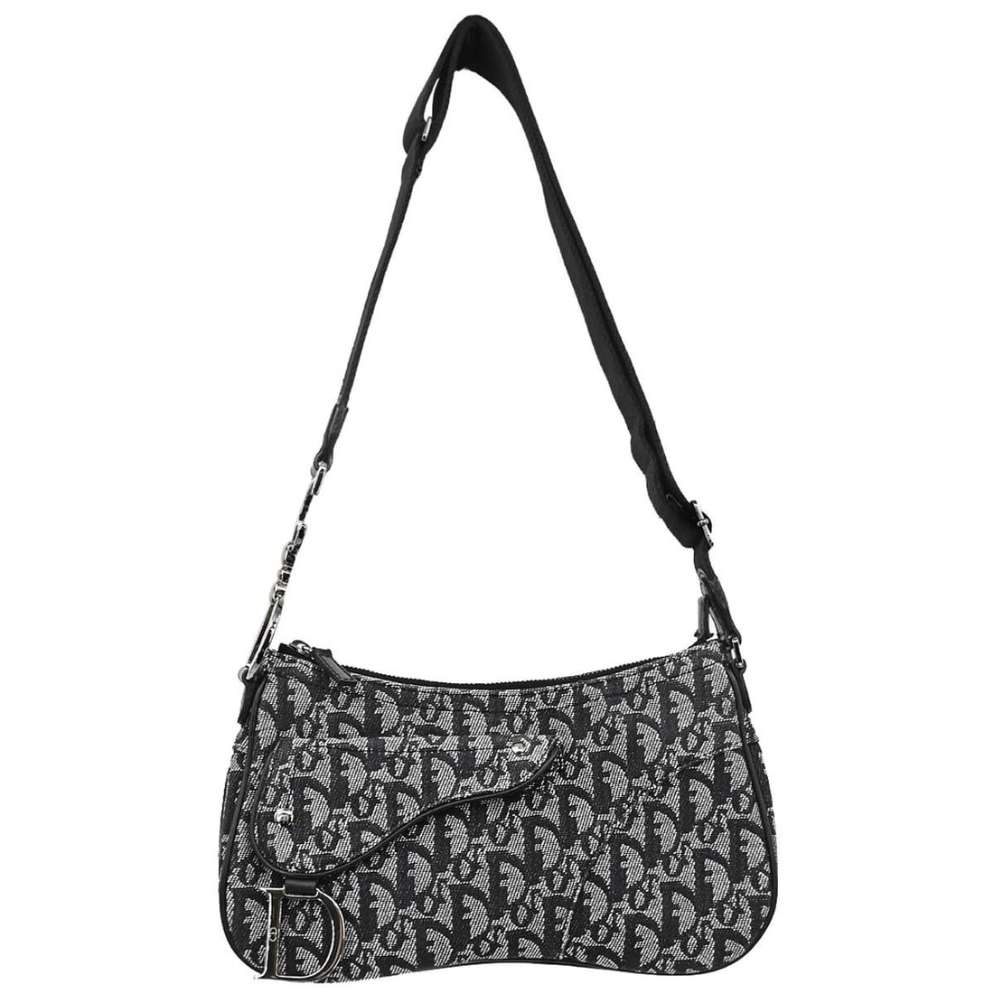 Christian Dior Saddle Shoulder Bag Black Canvas Leather Trotter 07RU 0034: Christian Dior Saddle Shoulder Bag Black Canvas Leather Trotter 07RU 0034 Christian Dior Trotter Saddle shoulder bag in black canvas and leather with a zip closure and medium profile. The bag features