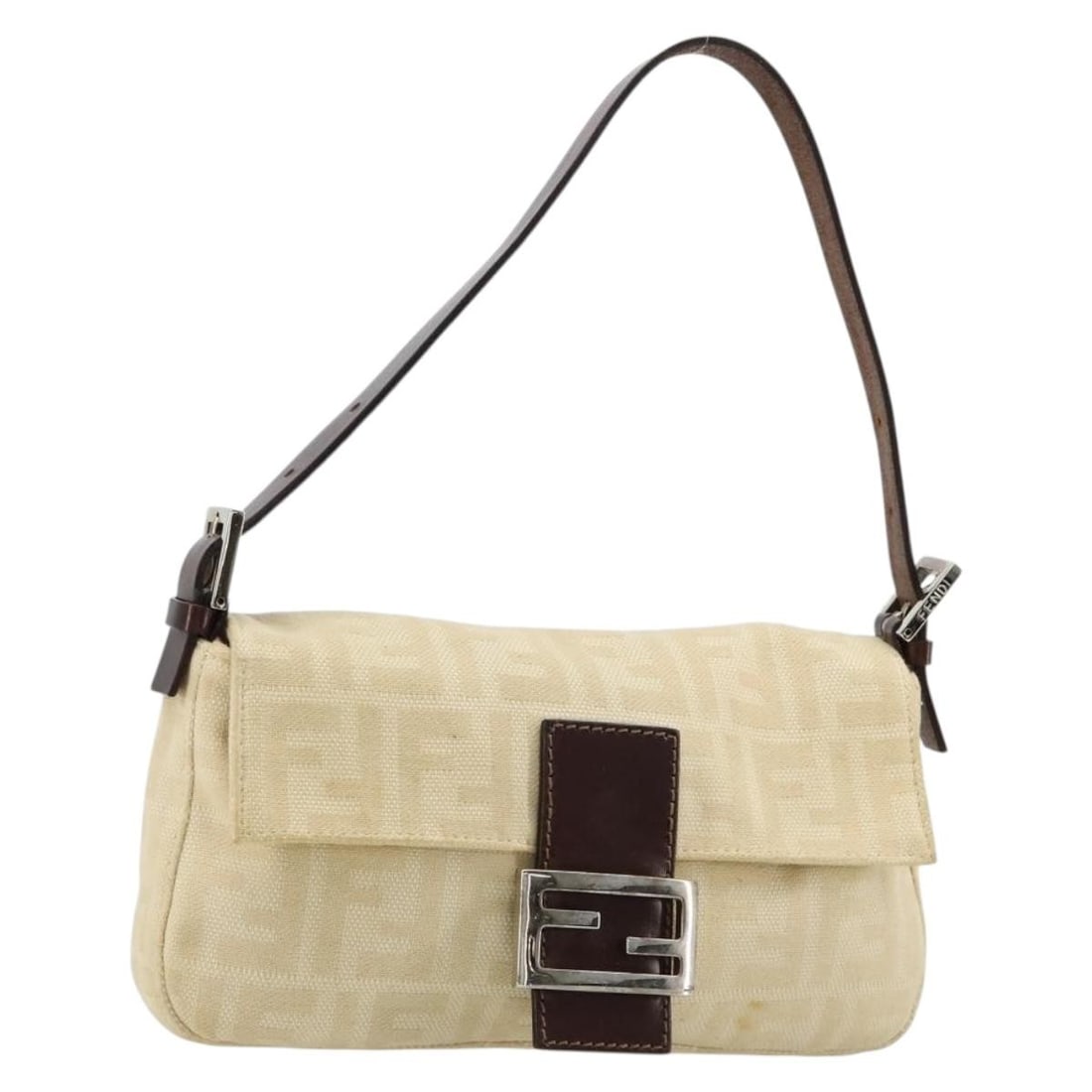 FENDI Mamma Baguette Shoulder Bag in Beige Zucca Canvas: FENDI Mamma Baguette Shoulder Bag in Beige Zucca Canvas Authentic FENDI Mamma Baguette shoulder bag in beige and silver Zucca canvas. Made in Italy, this women's bag includes a dust bag and shows reas