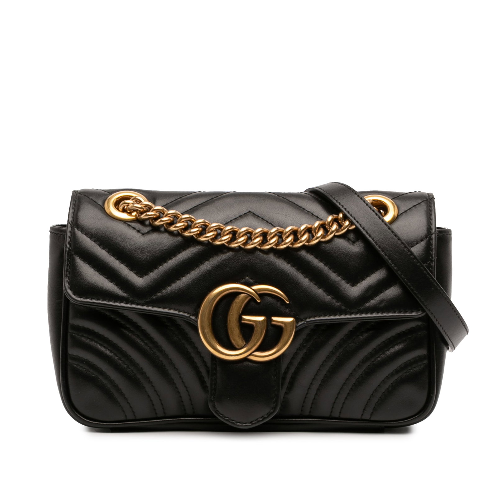 Gucci GG Marmont Small Matelasse Leather Shoulder Bag Black: Gucci GG Marmont Small Matelasse Leather Shoulder Bag Black Small GG Marmont Matelasse calfskin shoulder bag with a quilted leather body, curb chain and leather shoulder strap, front flap with push lo