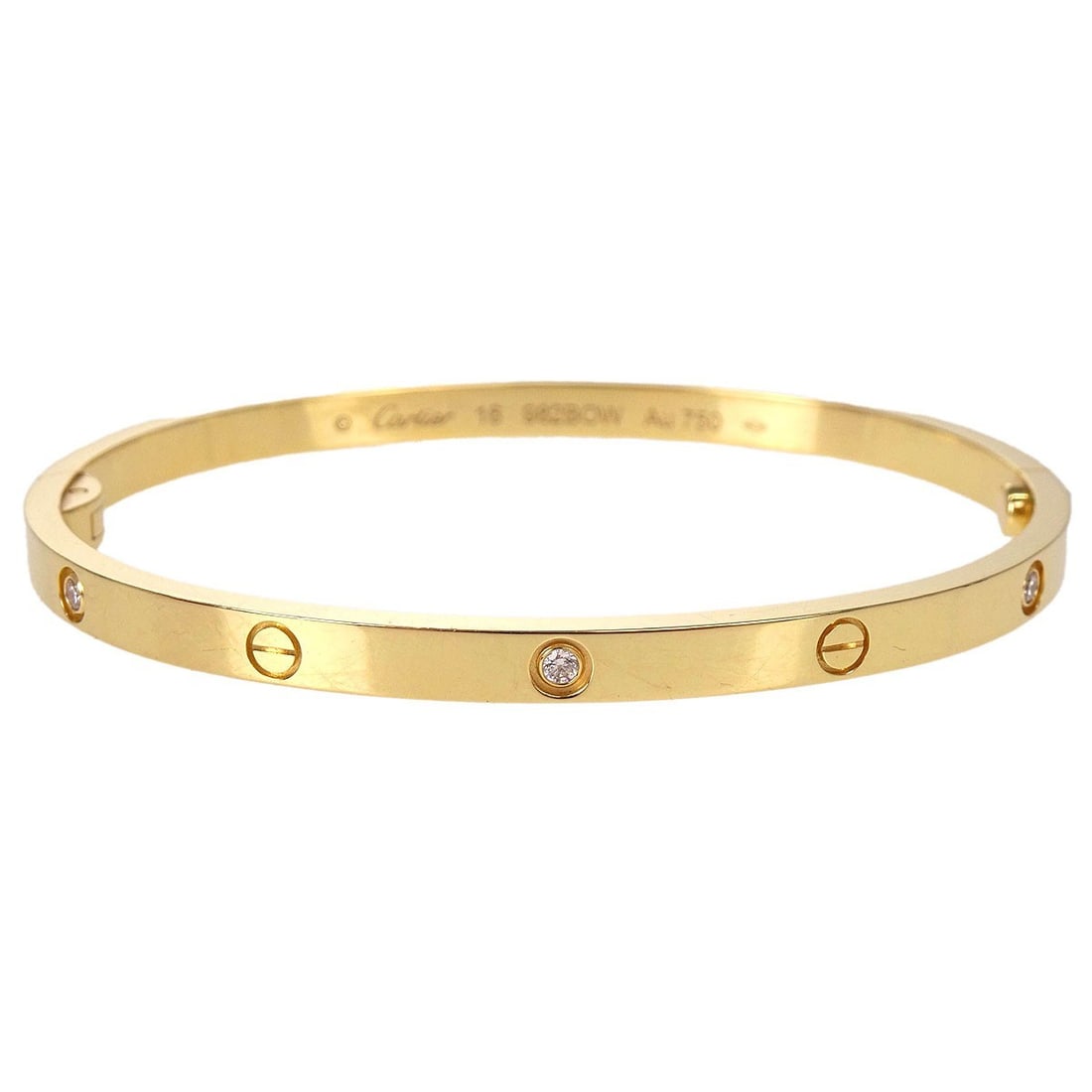 Cartier 982BOW Love diamond bangle bracelet in 750 yellow gold size 16: Cartier 982BOW Love diamond bangle bracelet in 750 yellow gold size 16 Cartier Love bracelet bangle in Au750 yellow gold with diamond accents. This size 16 bracelet has the classic bangle style and sh