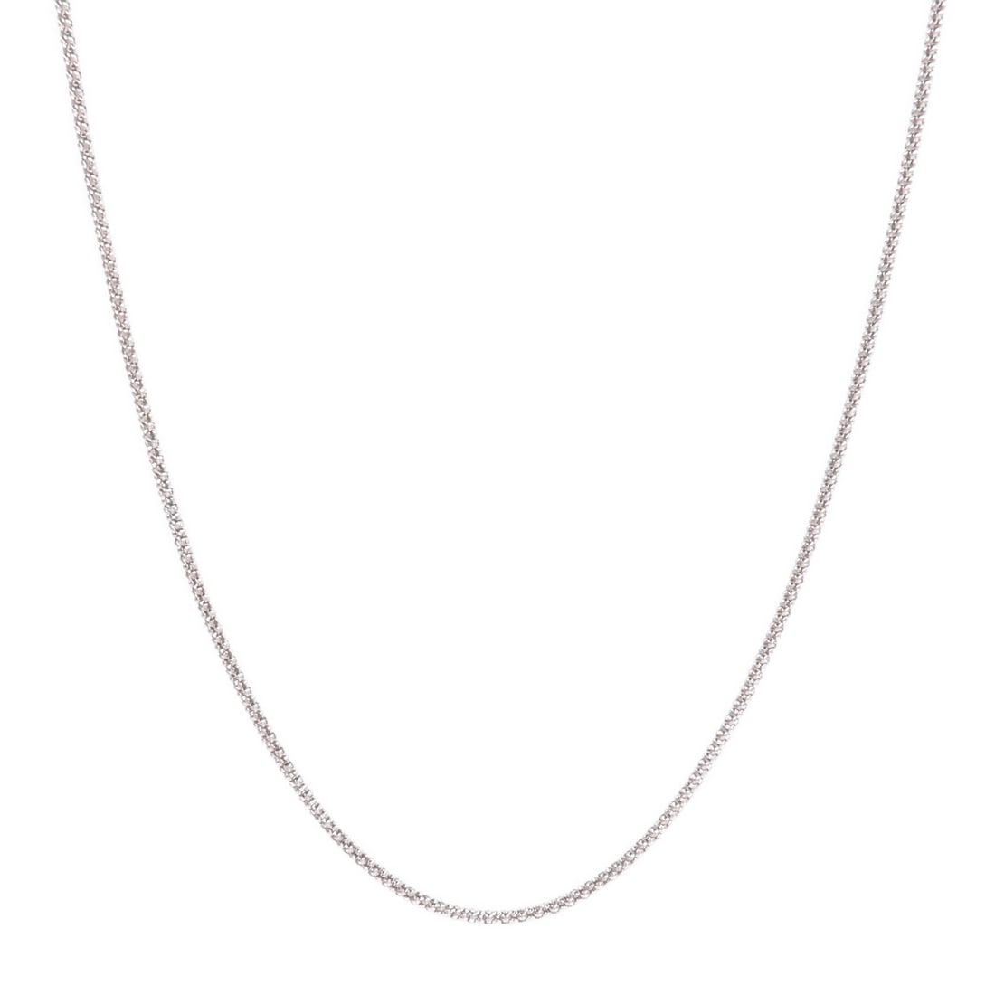 Unisex 18K White Gold Necklace No Stone 59cm: Unisex 18K White Gold Necklace No Stone 59cm A unisex necklace in 18K white gold, presented in silver tone with no main stone. The piece is listed in very good AB condition and comes with no accessori
