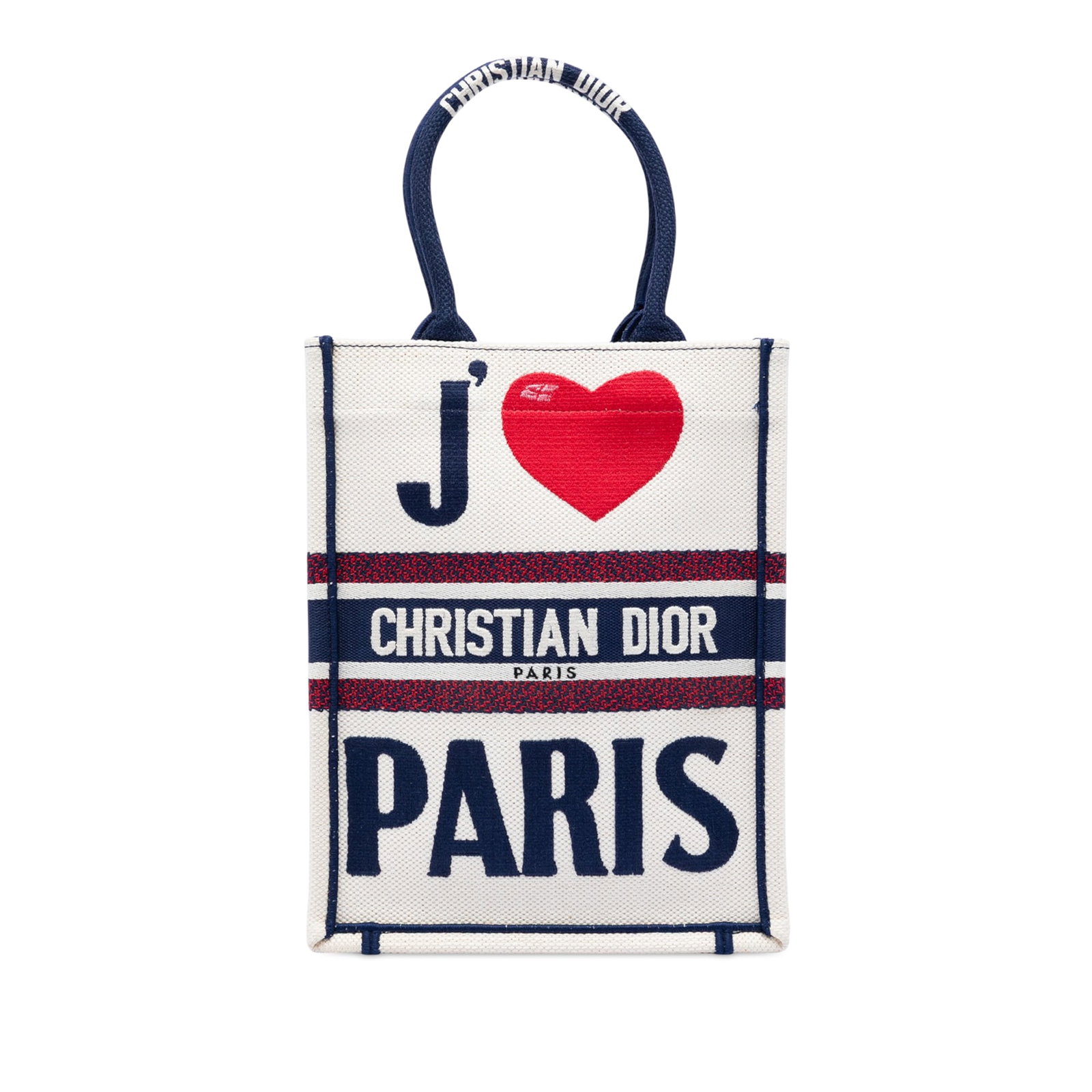 Dior I Love Paris Vertical Book Tote Embroidered Canvas Bag: Dior I Love Paris Vertical Book Tote Embroidered Canvas Bag Dior I Love Paris Vertical Book Tote in embroidered canvas with rolled handles and an open-top design. Made in Italy, this white fabric tote