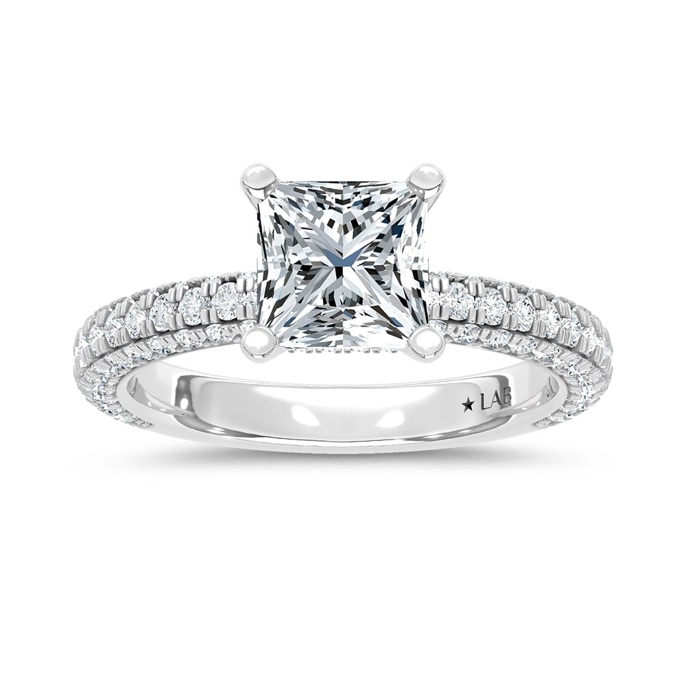 14K White Gold Lab Grown Diamond 4 Ct.Tw. Princess Shape Halo Engagement Ring (IGI Certified Center: 14K White Gold Lab Grown Diamond 4 Ct.Tw. Princess Shape Halo Engagement Ring (IGI Certified Center 3ct) Discover subtle brilliance and modern elegance with our Hidden Halo Diamond Engagement Ring. Th