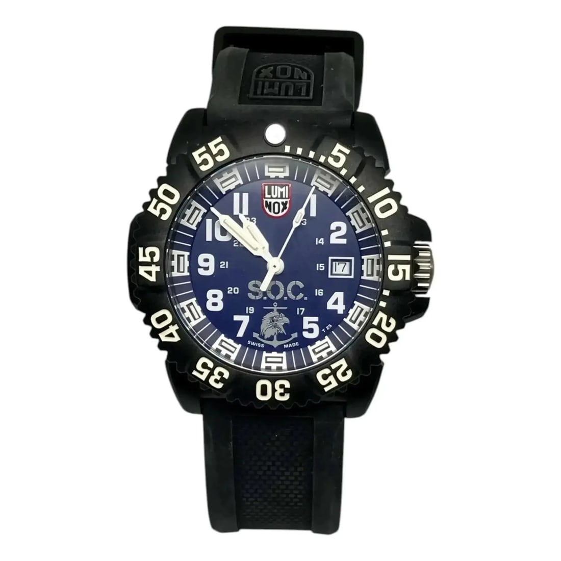 Luminox Spec OPS 3053.SOC.SET mens quartz watch blue dial 44mm: Luminox Spec OPS 3053.SOC.SET mens quartz watch blue dial 44mm Pre-owned Luminox Spec OPS Challenge men's wristwatch with a blue analog dial, Arabic numeral markers, and date display. This quartz-powe
