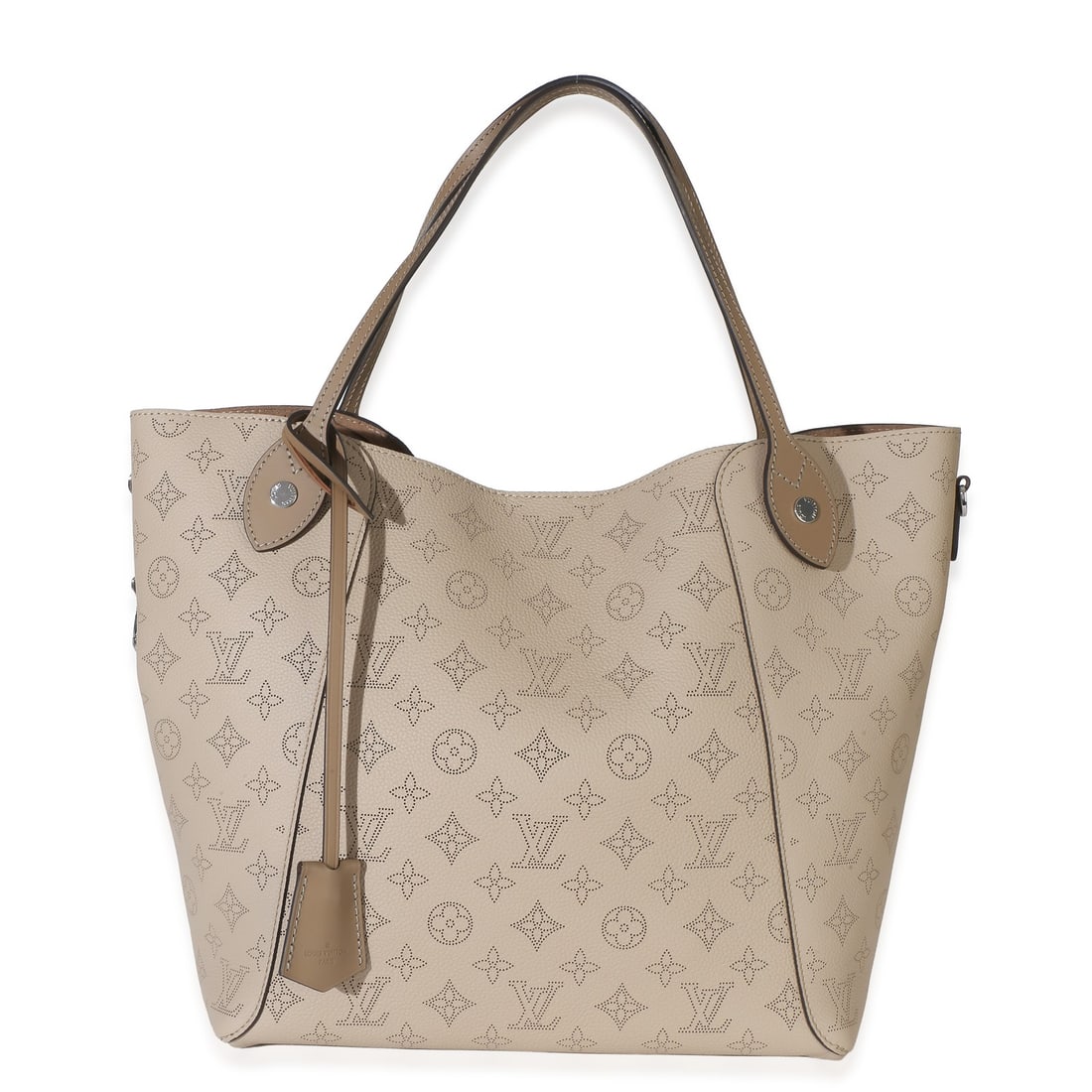 Louis Vuitton Mahina Blossom MM gray leather tote bag: Louis Vuitton Mahina Blossom MM gray leather tote bag Pre-owned Louis Vuitton Mahina Blossom MM tote in gray leather with silver-tone hardware. This unisex bag features clasp and magnetic snap closure