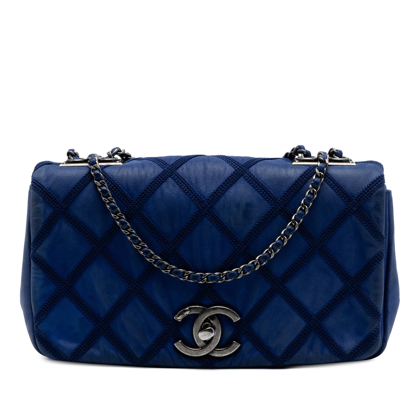 Chanel Small Flap Bag in Blue Iridescent Calfskin Leather: Chanel Small Flap Bag in Blue Iridescent Calfskin Leather Chanel Small Iridescent Calfskin Diamond Stitch Chain Flap in blue leather with diamond stitching and leather-woven chain straps. The bag feat