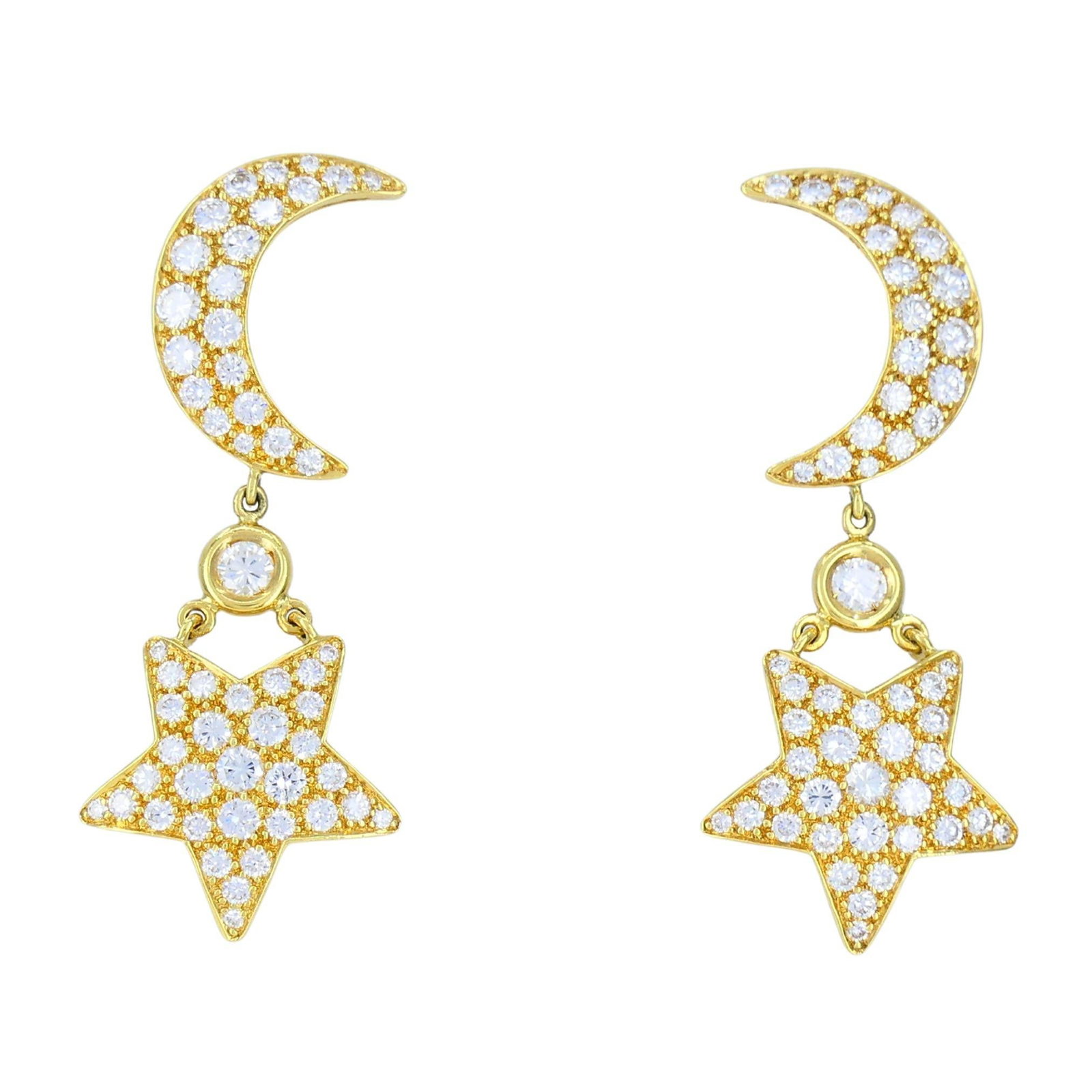 Mouawad Celestial Moon Star Drop Earrings in 18k Yellow Gold: Mouawad Celestial Moon Star Drop Earrings in 18k Yellow Gold Vintage Mouawad celestial drop earrings crafted in 18k yellow gold with diamond accents. Each earring features a crescent moon set with rou