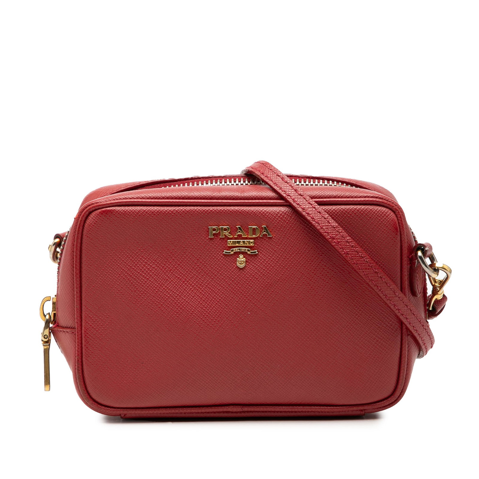 Prada Mini Saffiano Leather Crossbody Bag Red: Prada Mini Saffiano Leather Crossbody Bag Red Prada Mini Saffiano Camera Bag crossbody bag with a leather body, flat leather shoulder strap, top zip closure, and interior slip pockets. Made in Italy, 