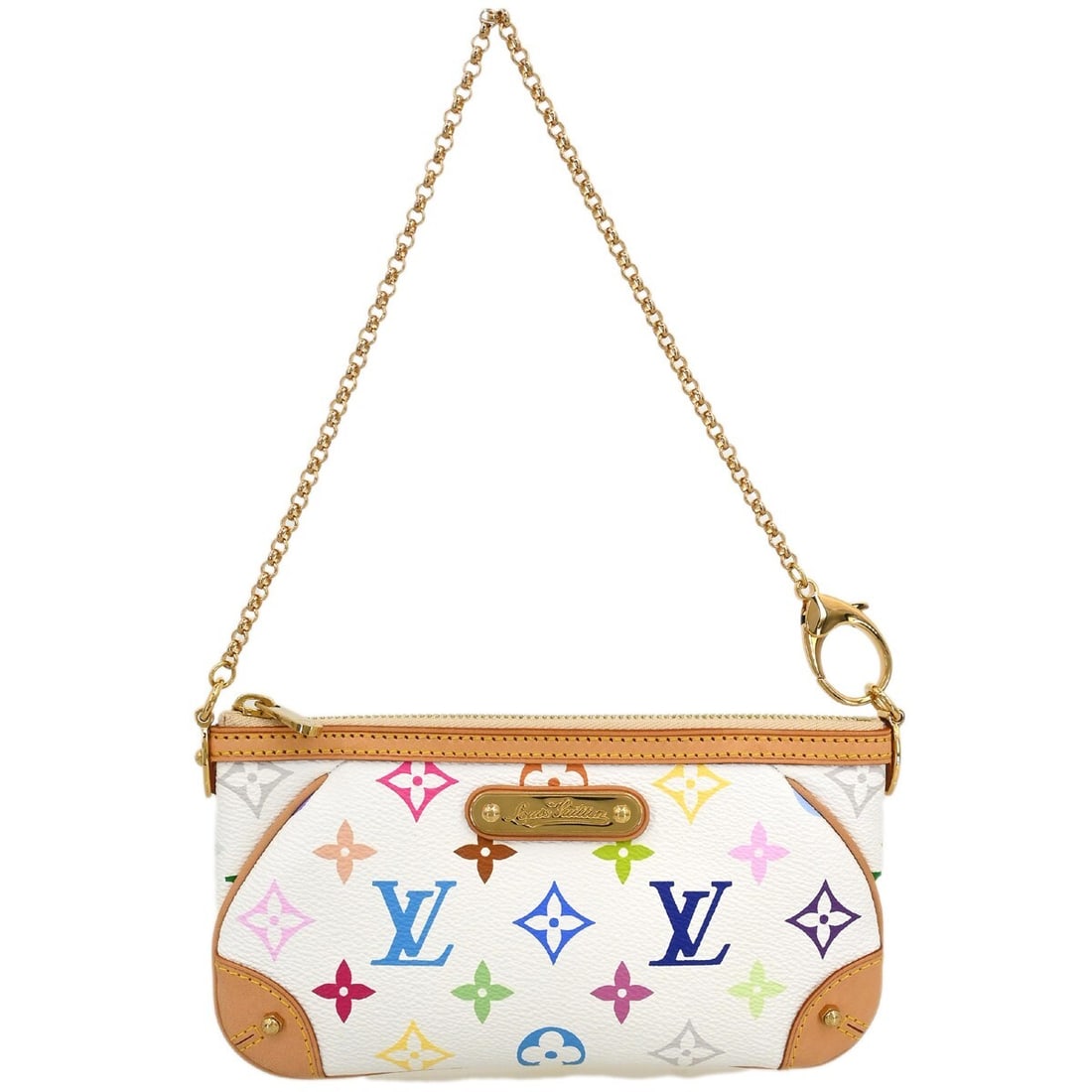 Louis Vuitton Pochette Milla MM White Monogram Multicolor Pouch M60096: Louis Vuitton Pochette Milla MM White Monogram Multicolor Pouch M60096 Louis Vuitton Pochette Milla MM in white Monogram Multicolor canvas with leather trim. This small pouch-style handbag features a 