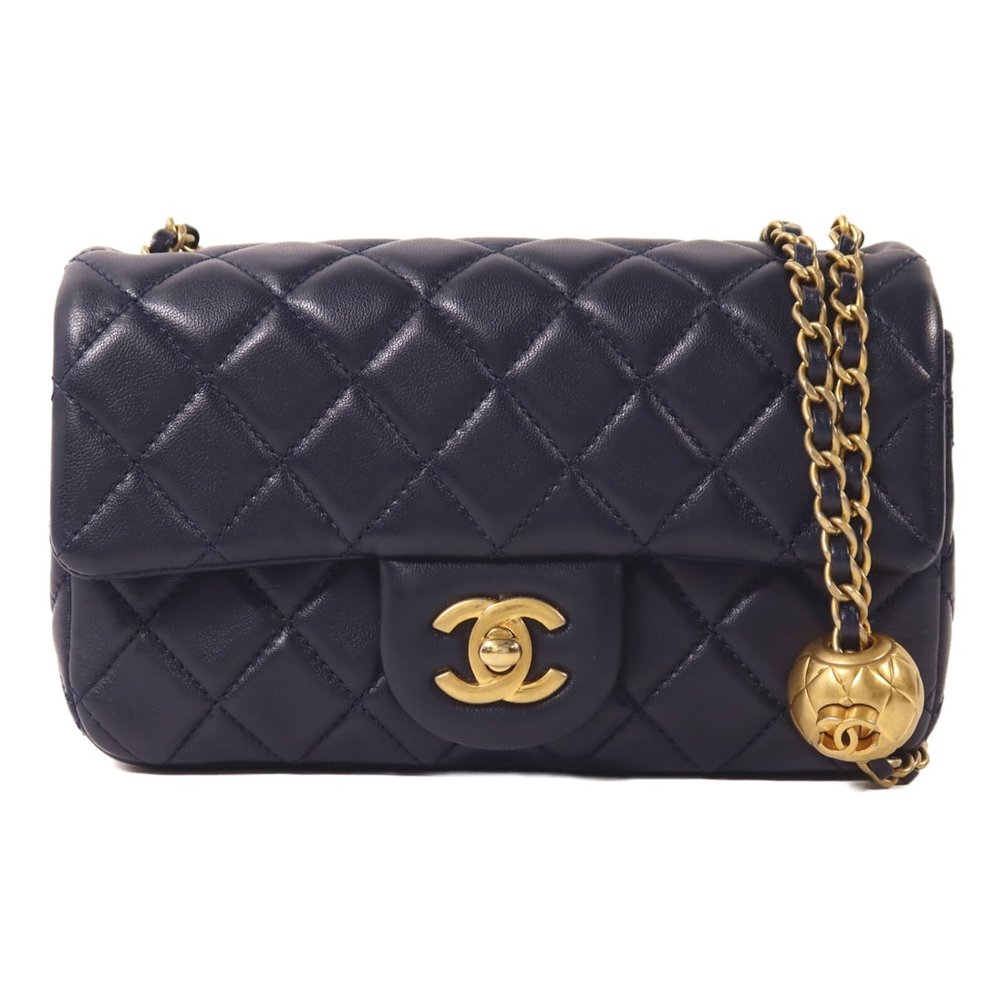 CHANEL AS1787 Pearl Chain Flap Shoulder Bag Navy Lambskin GHW: CHANEL AS1787 Pearl Chain Flap Shoulder Bag Navy Lambskin GHW A CHANEL CC flap shoulder bag crafted from navy lambskin (sheep leather) with a pearl chain shoulder strap and gold-tone hardware. It feat