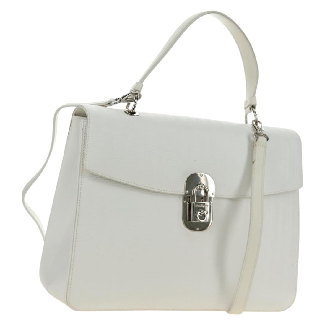 Salvatore Ferragamo Gancini 2way White Silver PVC Leather Hand Bag: Salvatore Ferragamo Gancini 2way White Silver PVC Leather Hand Bag Salvatore Ferragamo Gancini 2-way handbag in white and silver PVC leather. Made in Italy, this women's bag includes a dust bag and fe