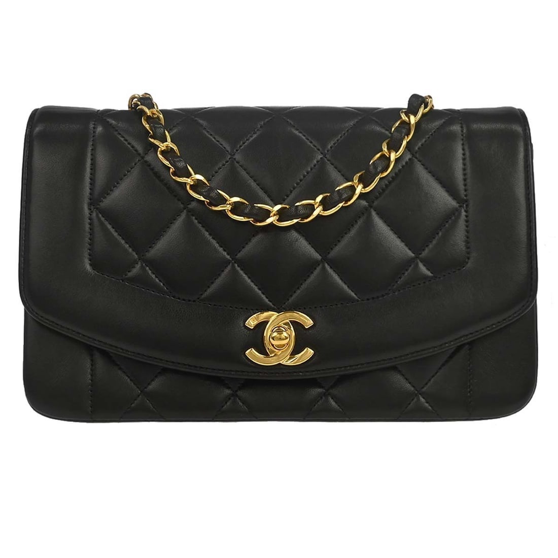 CHANEL Diana Small Black Lambskin Shoulder Bag: CHANEL Diana Small Black Lambskin Shoulder Bag Chanel Small Diana shoulder bag in black lambskin with a shoulder strap and canvas lining. This women's bag features interior pockets and comes with a se