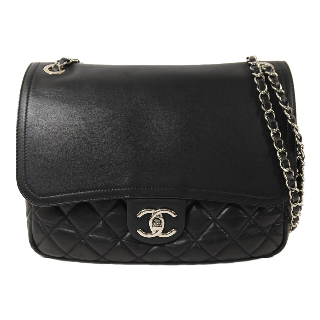 CHANEL A66809 Black Calfskin Chain Shoulder Bag SHW: CHANEL A66809 Black Calfskin Chain Shoulder Bag SHW Chanel chain shoulder bag in black calfskin leather with a turn-lock closure and black-toned detailing. The interior includes one open pocket and on