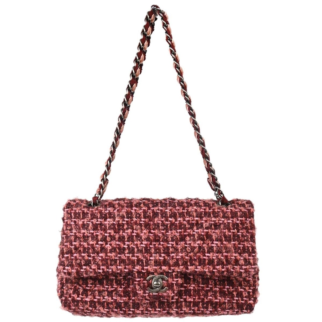 CHANEL Classic Double Flap Medium Pink Tweed Top Handle Bag: CHANEL Classic Double Flap Medium Pink Tweed Top Handle Bag Chanel Medium Classic Double Flap handbag in pink tweed with a turn-lock closure and top handle. Made in France, this women's bag features o