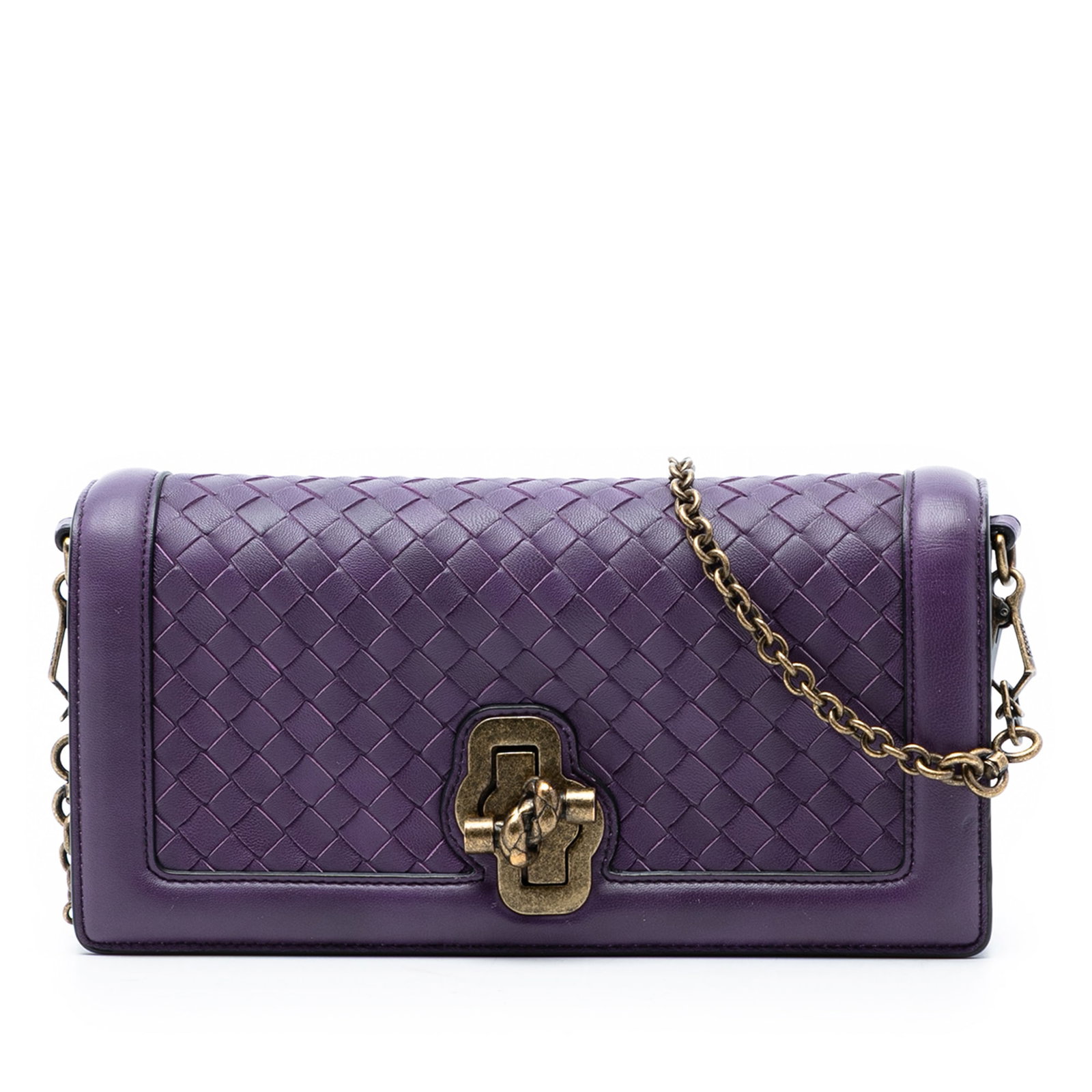 Bottega Veneta Olimpia Knot Purple Woven Leather Crossbody Bag: Bottega Veneta Olimpia Knot Purple Woven Leather Crossbody Bag This Bottega Veneta Nappa Intrecciato Olimpia Knot Crossbody bag features a woven leather exterior in purple, a detachable chain link str
