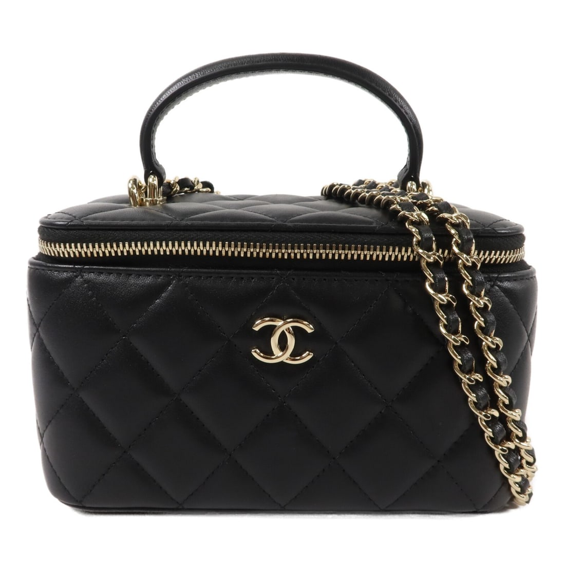 Chanel AP2199 Lambskin Vanity Case 2Way Chain Shoulder Bag Black: Chanel AP2199 Lambskin Vanity Case 2Way Chain Shoulder Bag Black A CHANEL CC GHW Handle Vanity Case 2Way Chain Shoulder Bag, model AP2199, crafted in black lambskin (sheep leather). It features a vani